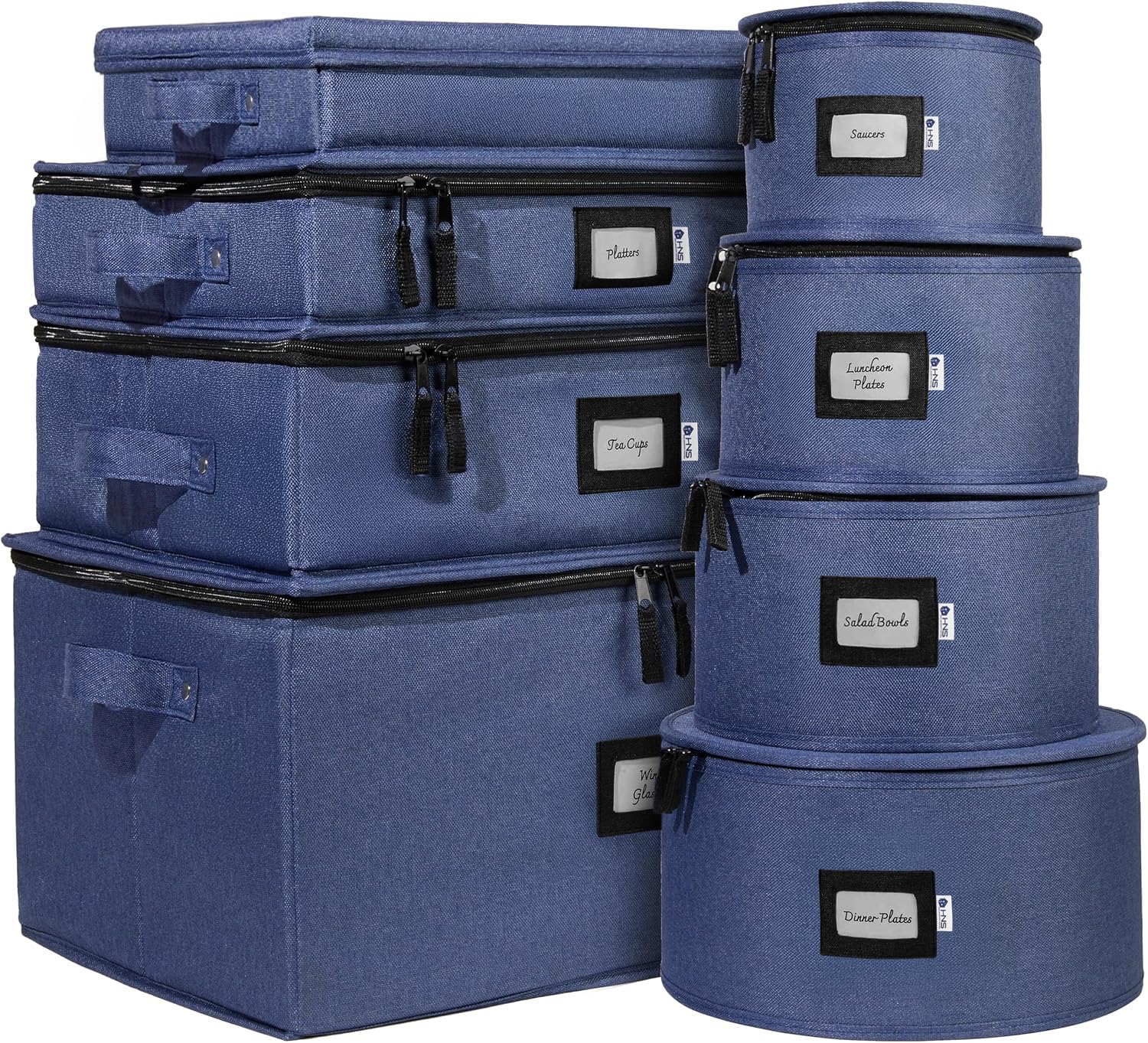 Sturdy 5-Piece Hard Shell Storage Container Set for Dinnerware, Glasses, Plates, Mugs & Saucers - Durable Dish Organizer with Dividers - Perfect for Moving, Seasonal Storage & Kitchen Organization - Service for 12 - Denim Blue