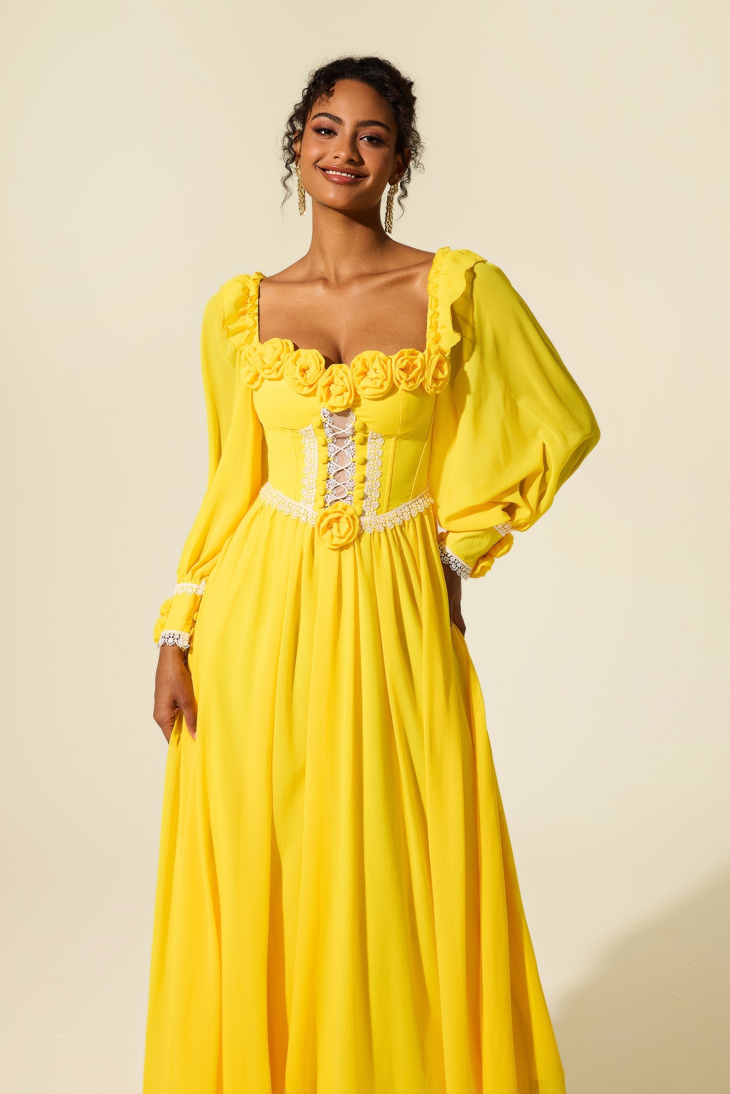 Elegant Yellow Chiffon 3D Flower Long Sleeve Midi Dress for Women | Summer Wedding Guest Dress & Party Cocktail Attire