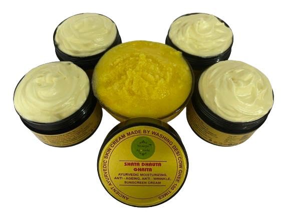 Shata Dhouta Ghrita 100 Times Washed Cow Ghee Face Cream - Daily Moisturizer with Sunscreen, Anti-Aging & Anti-Wrinkle Benefits for Face & Skin Care - Pack of 4 (40g x 4) - Perfect for Daily Skincare Routine & Natural Anti-Aging Treatment