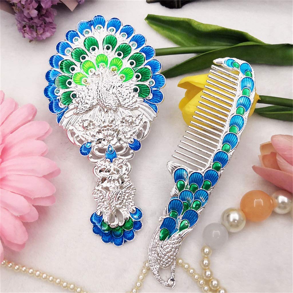 Vintage Chinese Handheld Mirror with Hollow-Out Peacock Carving & Rhinestones - Portable Makeup Mirror with Comb Set for Dressing Table, Travel, Bridal & Home Decor