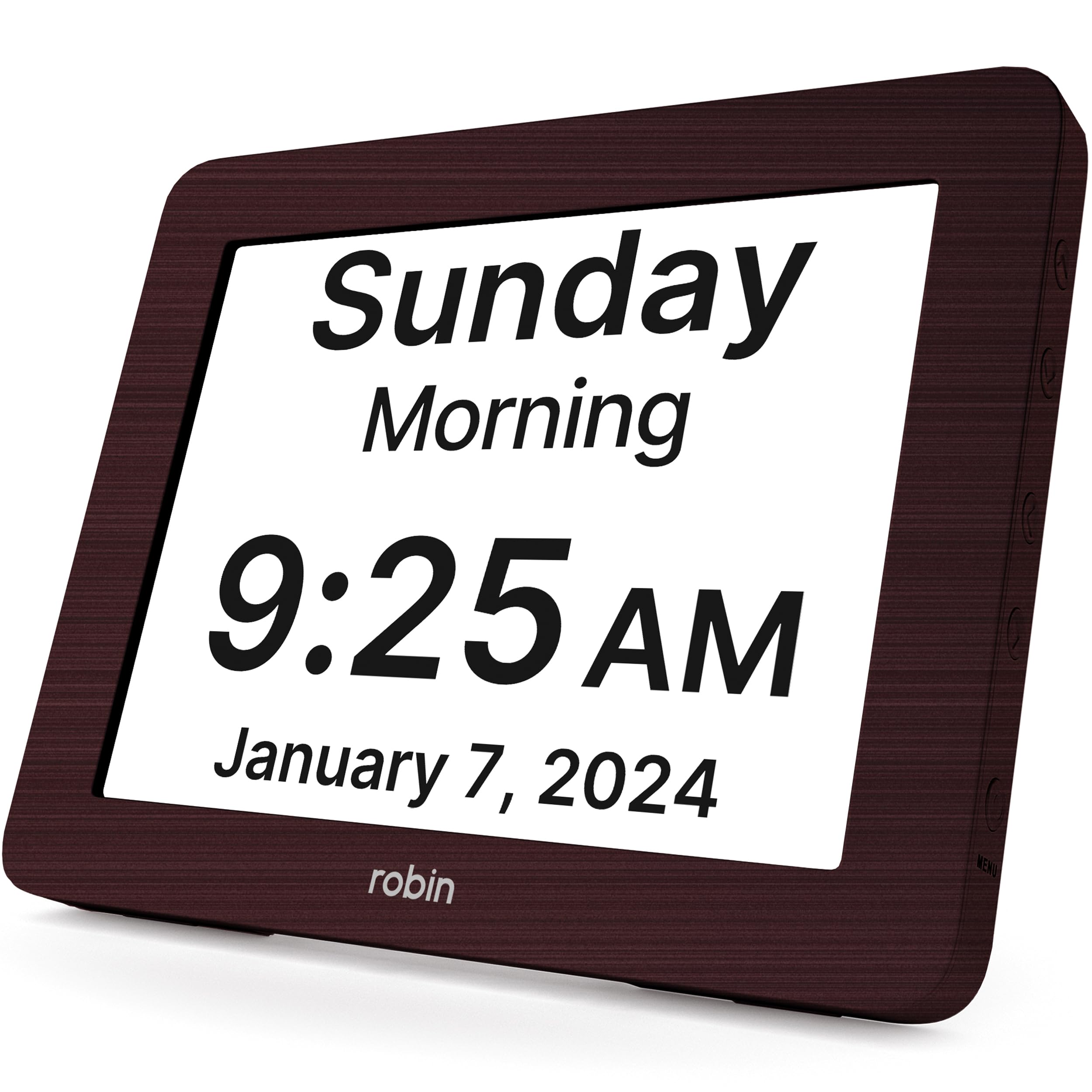 2024 Robin Digital Calendar Clock with Day & Date Display - Extra Large Dementia Clock for Seniors & Alzheimer's Patients - Mahogany Wood Bedside Clock for Elderly Care (Home, Nursing Home, Hospital Use)
