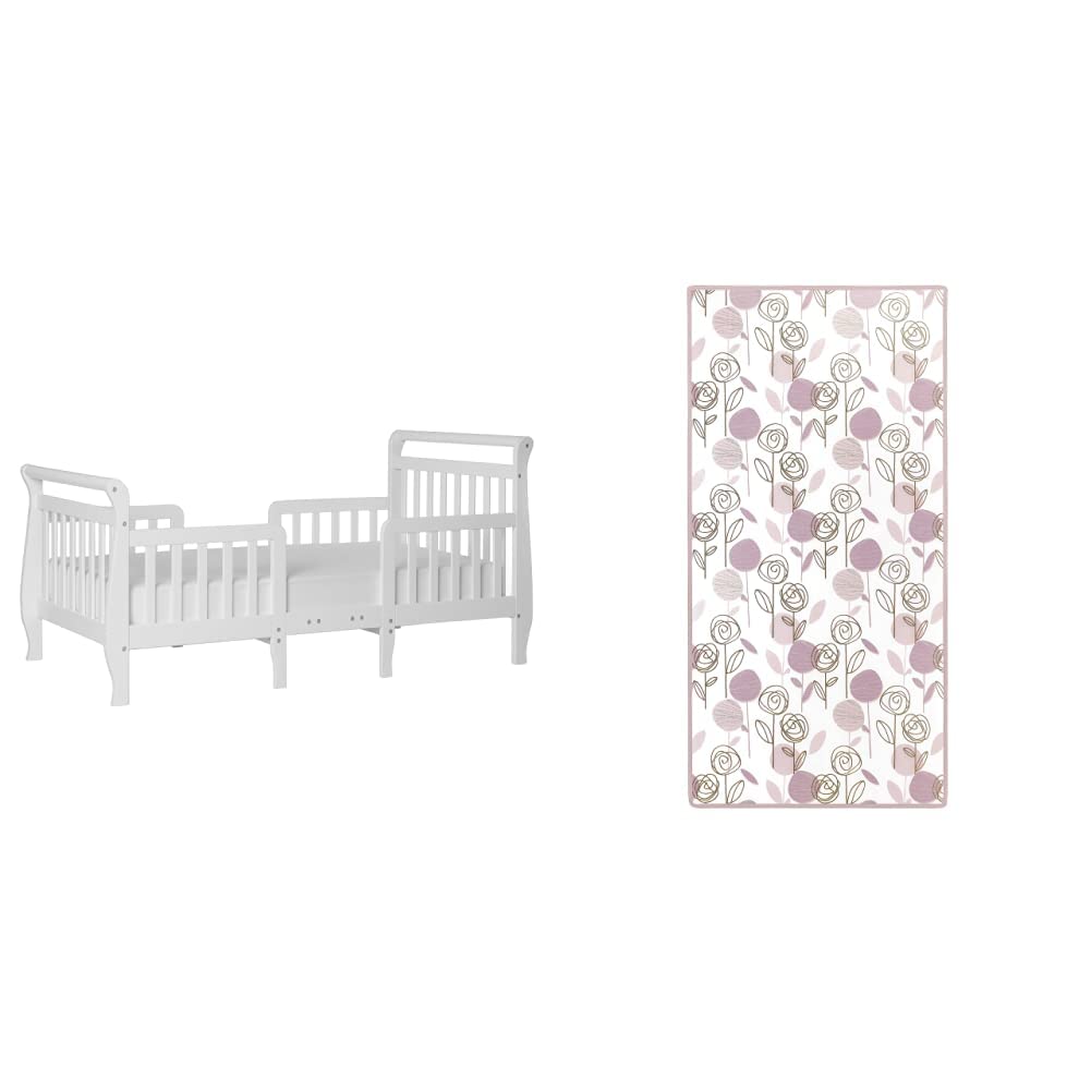 Dream On Me Emma 3-in-1 Convertible Toddler Bed with Floral Dreams Firm Fiber Standard Crib Mattress - Rose Pink | Greenguard Gold & JPMA Certified | Nursery & Kids Room Essentials for Safe Sleeping