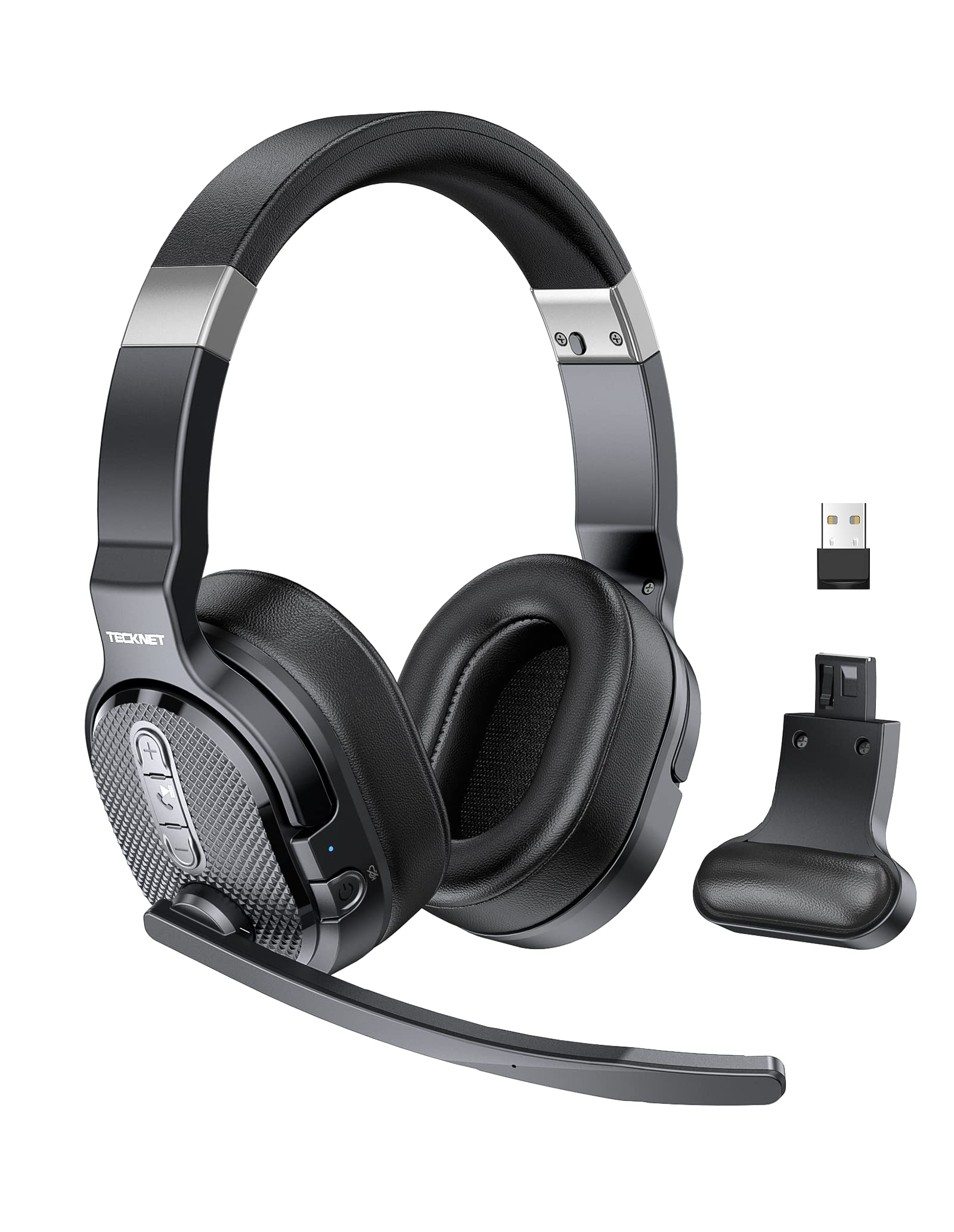 TECKNET Bluetooth Headset with Microphone - Wireless Headphones for Laptop, PC & Mac - Noise Cancelling Headset with 3 EQ Modes & Dual/Single Ear Options - USB Headset for Call Center, Skype, Truck Drivers, Online Meetings & Remote Work