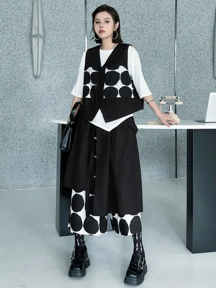 Plus Size Black Polka Dot Vest & Wide Leg Pants 2-Piece Set - Women's Fashion V-Neck Sleeveless Outfit for Spring/Fall 2025 | Office Wear, Casual Chic, Party Outfit