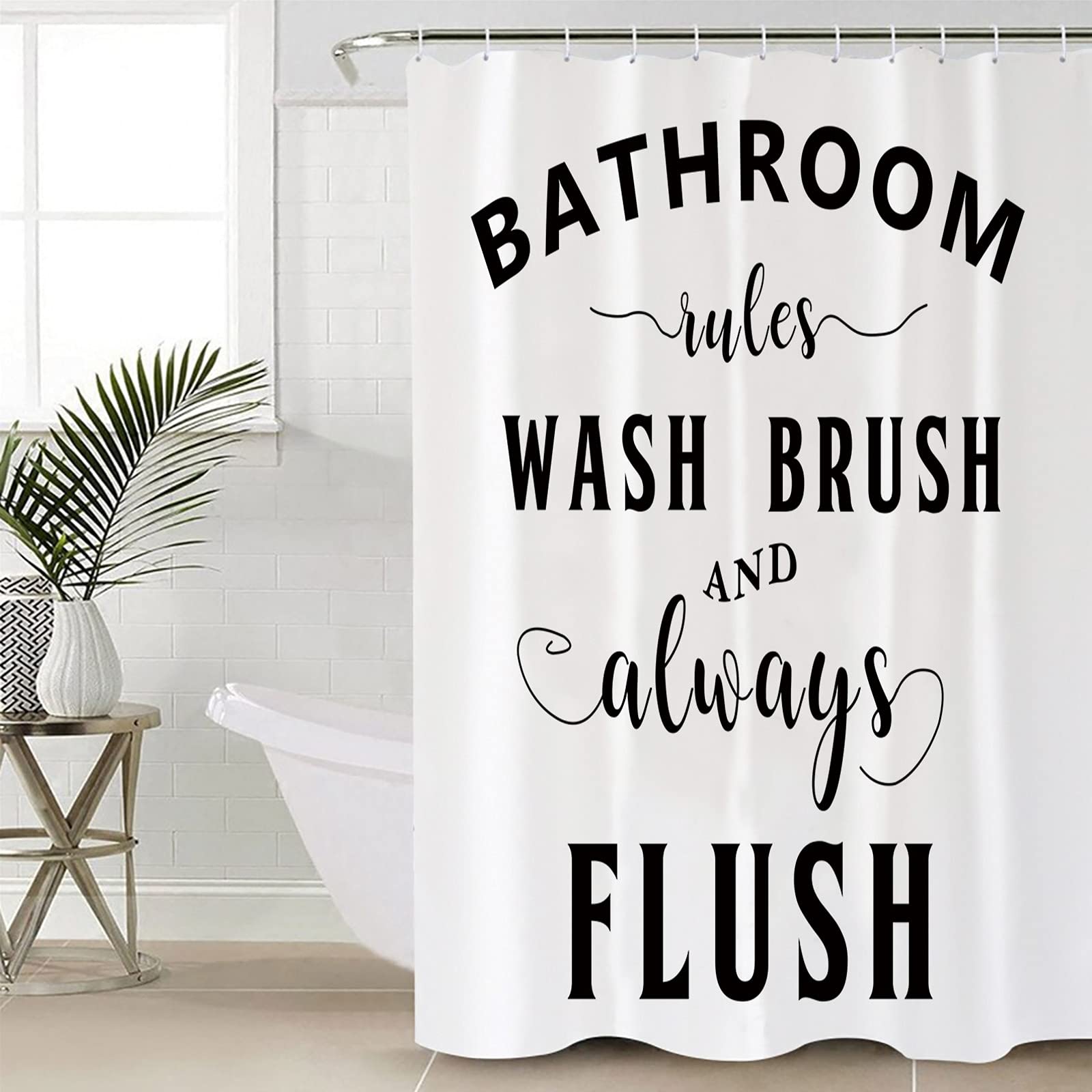 72x72 Inch Waterproof Polyester Shower Curtain Set with Liner - Funny Bathroom Rules Design (Wash Brush & Always Flush) for Bathroom & Shower Stall - Perfect for Home, Apartment, Hotel & Spa Decor