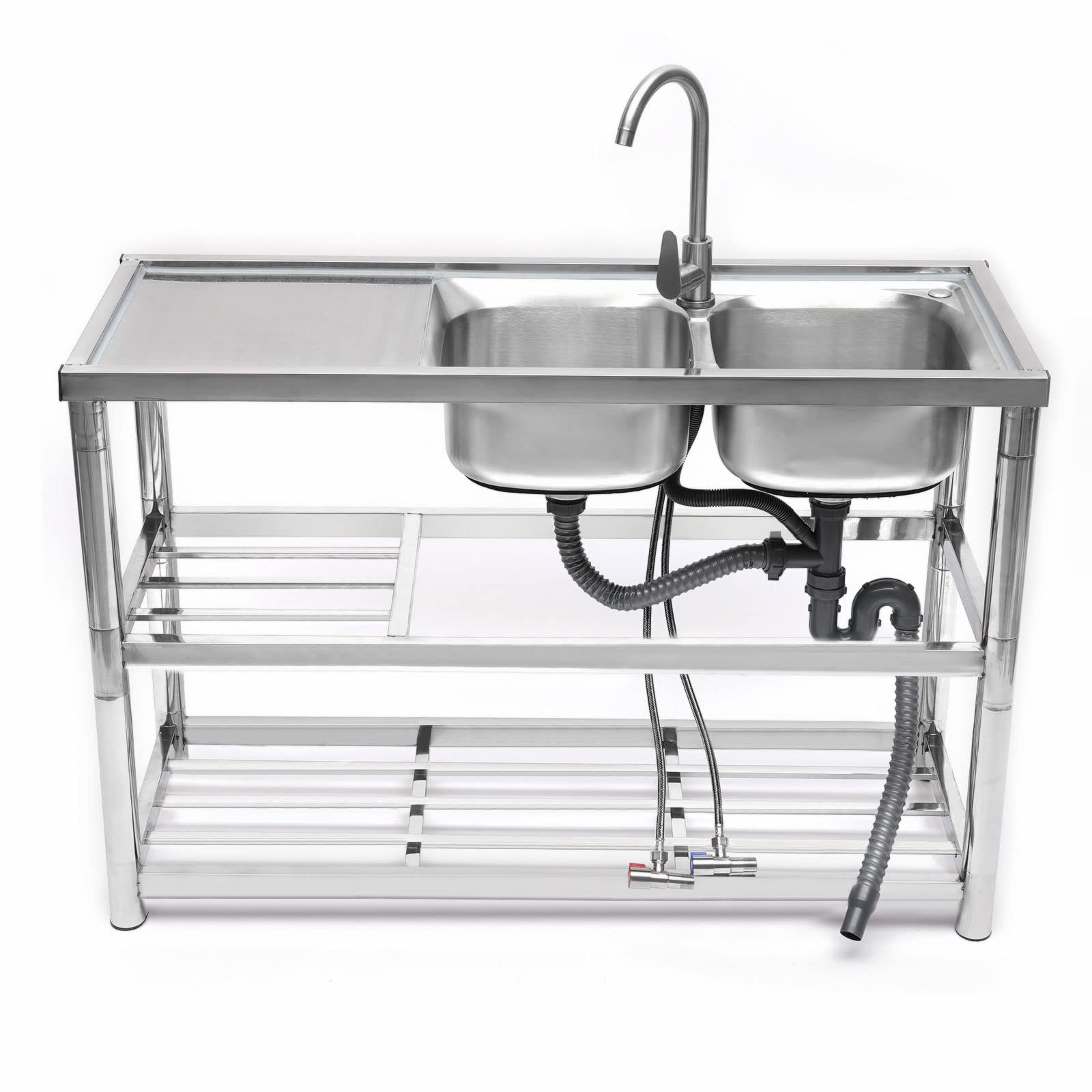 47-Inch Stainless Steel Commercial Restaurant Sink Set - Double Bowl Utility Sink with Pull-Down Faucet & Strainer for Heavy-Duty Kitchen Use | Ideal for Restaurants, Cafes & Food Service Businesses