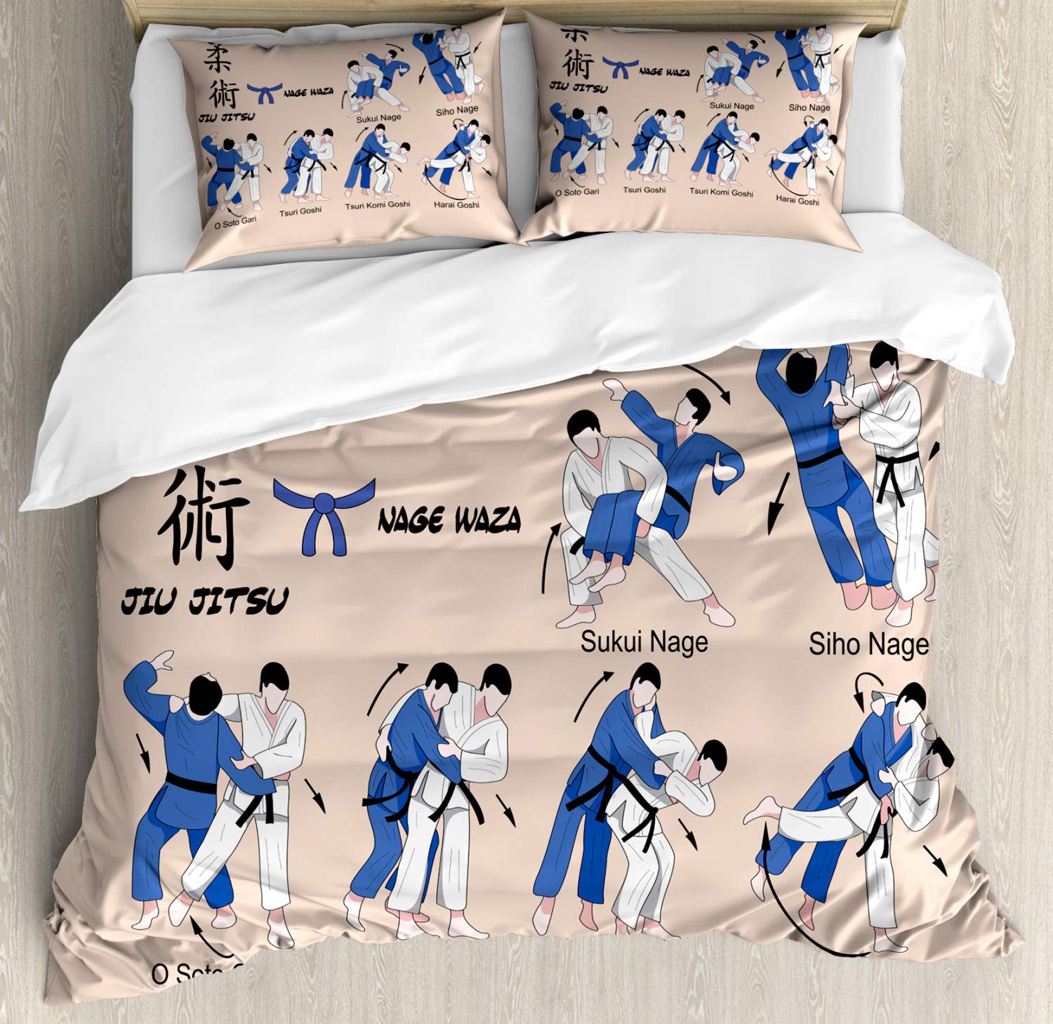 Ambesonne Asian Art Duvet Cover Set - Japanese Samurai Warrior Design with Kanji Lettering, 2-Piece King Size Bedding Set (Duvet Cover + 4 Pillowcases) in Black Blush Blue - Perfect for Anime Lovers' Bedroom & Martial Arts Theme Decor