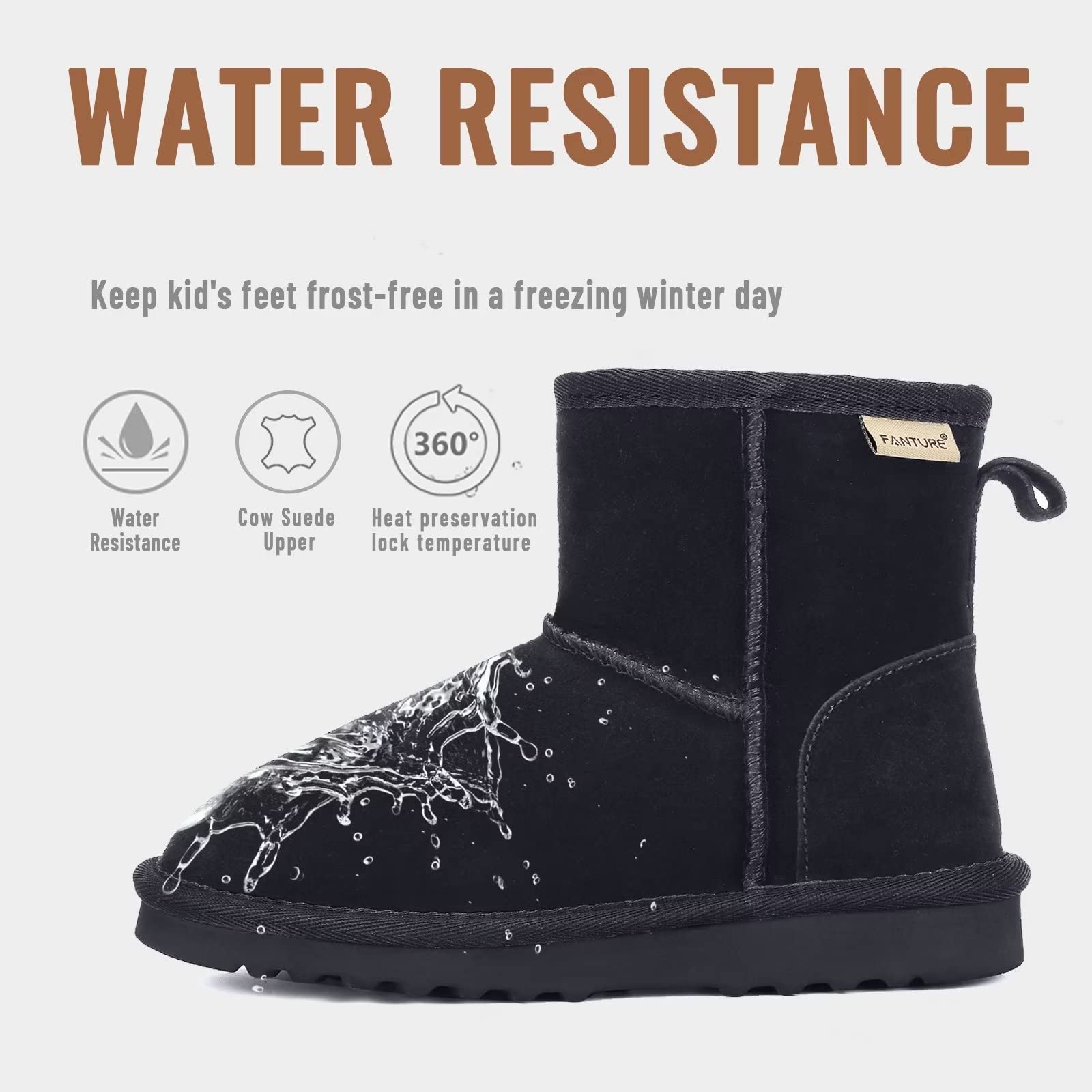 FANTURE Kids Snow Boots for Boys & Girls - Warm Winter Boots with Cow Suede & Faux Fur Lining | Durable Waterproof Shoes for Little & Big Kids | Perfect for Snow Play, Sledding & Cold Weather Activities