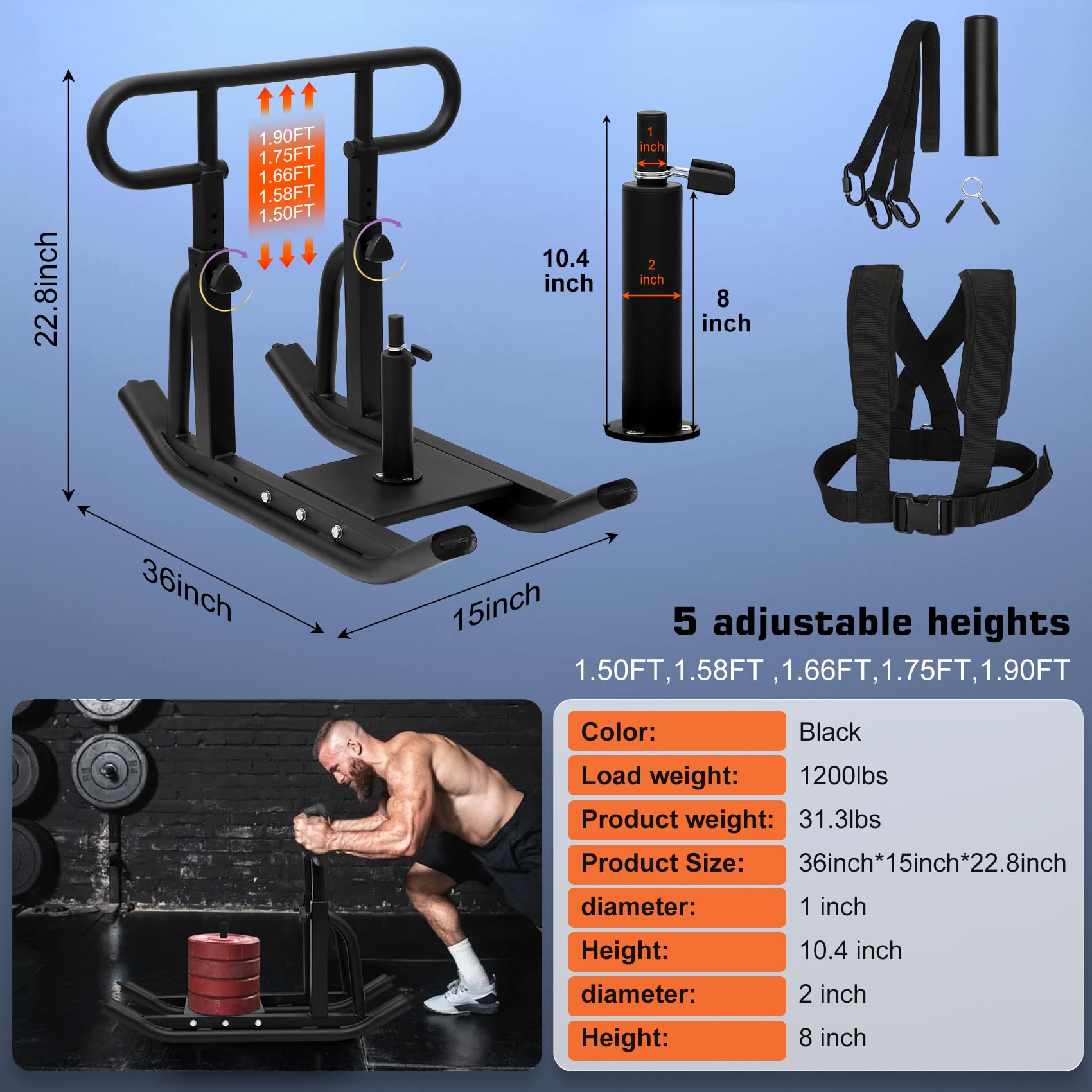 **Adjustable Height Weight Training Sled - Heavy Duty Fitness Sled for Strength & Muscle Building - Compatible with 1