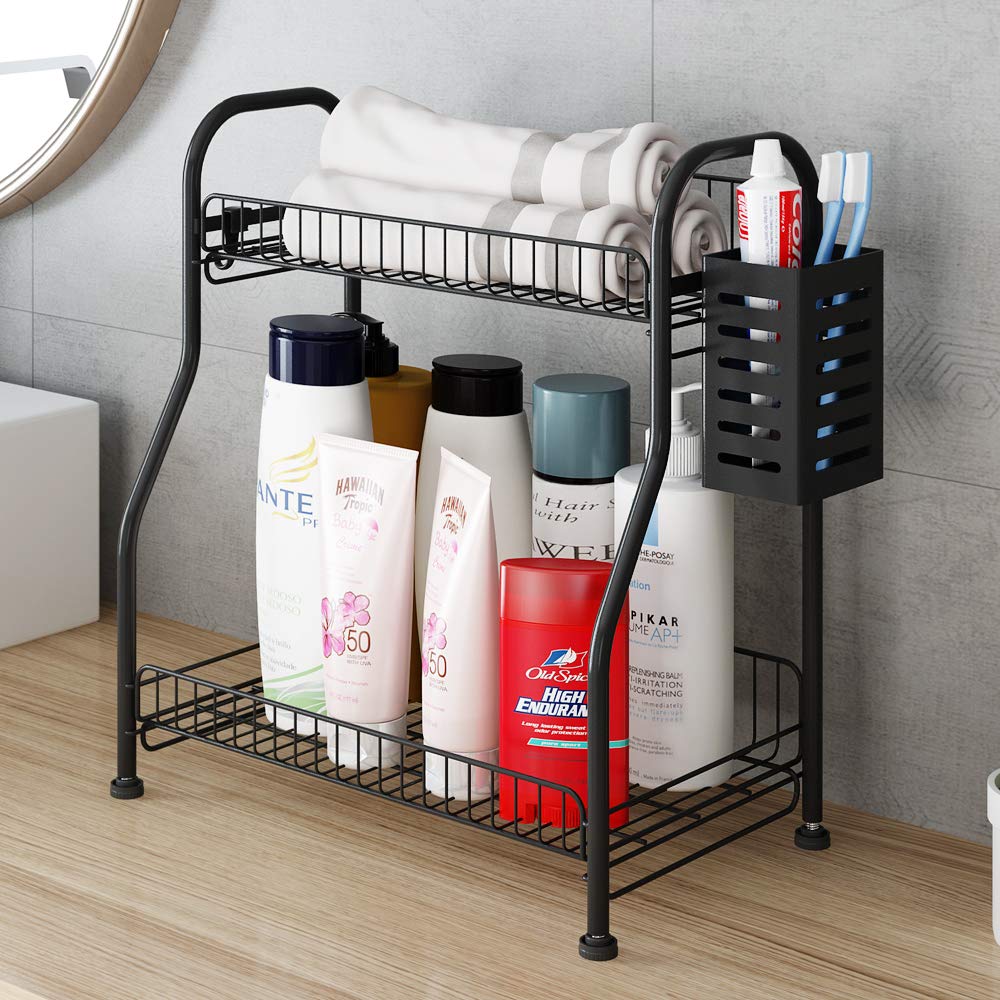 2-Tier Bathroom Counter Organizer Rack with Toiletries Basket - Rustproof Black Spice & Makeup Storage for Vanity, Kitchen & Bathroom - Sturdy Space-Saving Organizer for Cosmetics, Skincare & Spices