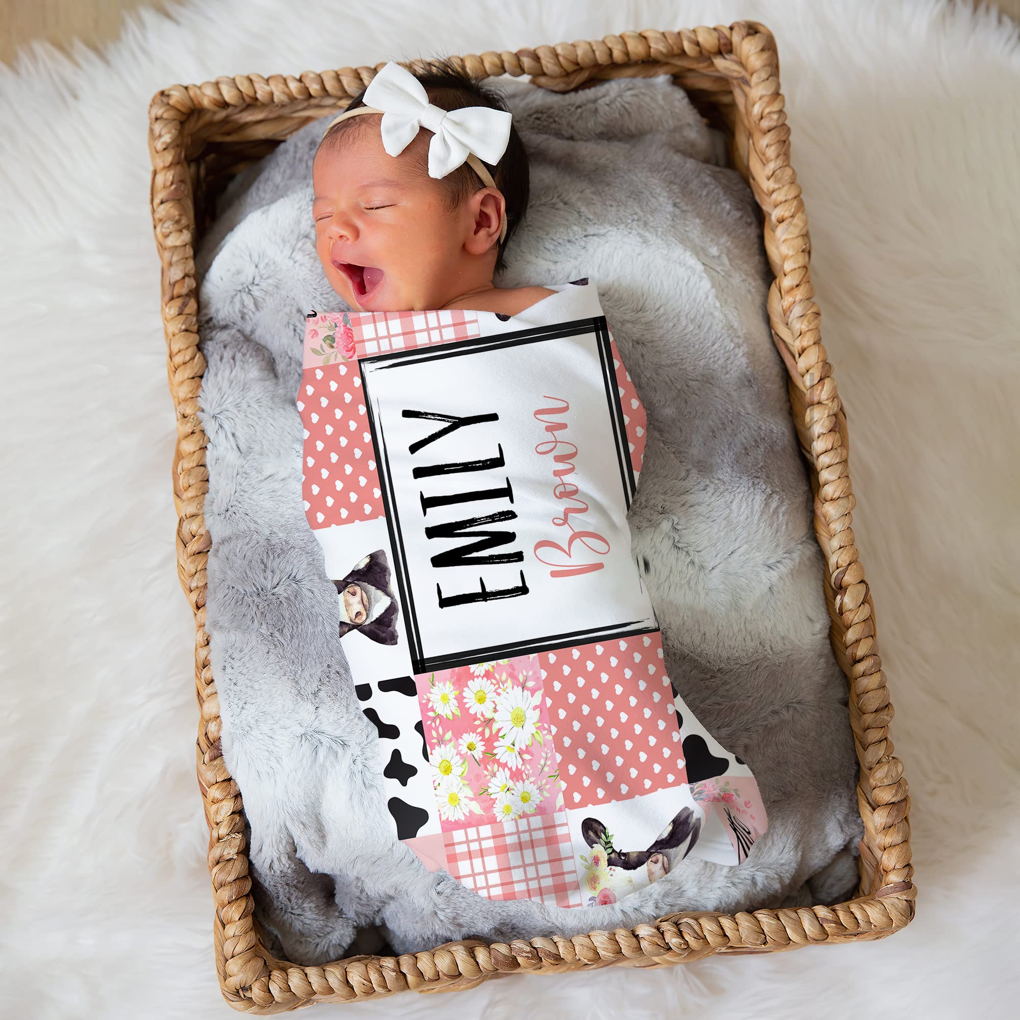 Personalized Cow Print Fleece Blanket - Soft Woodland Nursery Blanket with Animal Head Design, Safari Theme Baby Receiving Blanket for Girls & Boys - Perfect for Nursery Decor, Baby Shower Gifts & Cozy Bedtime Snuggles