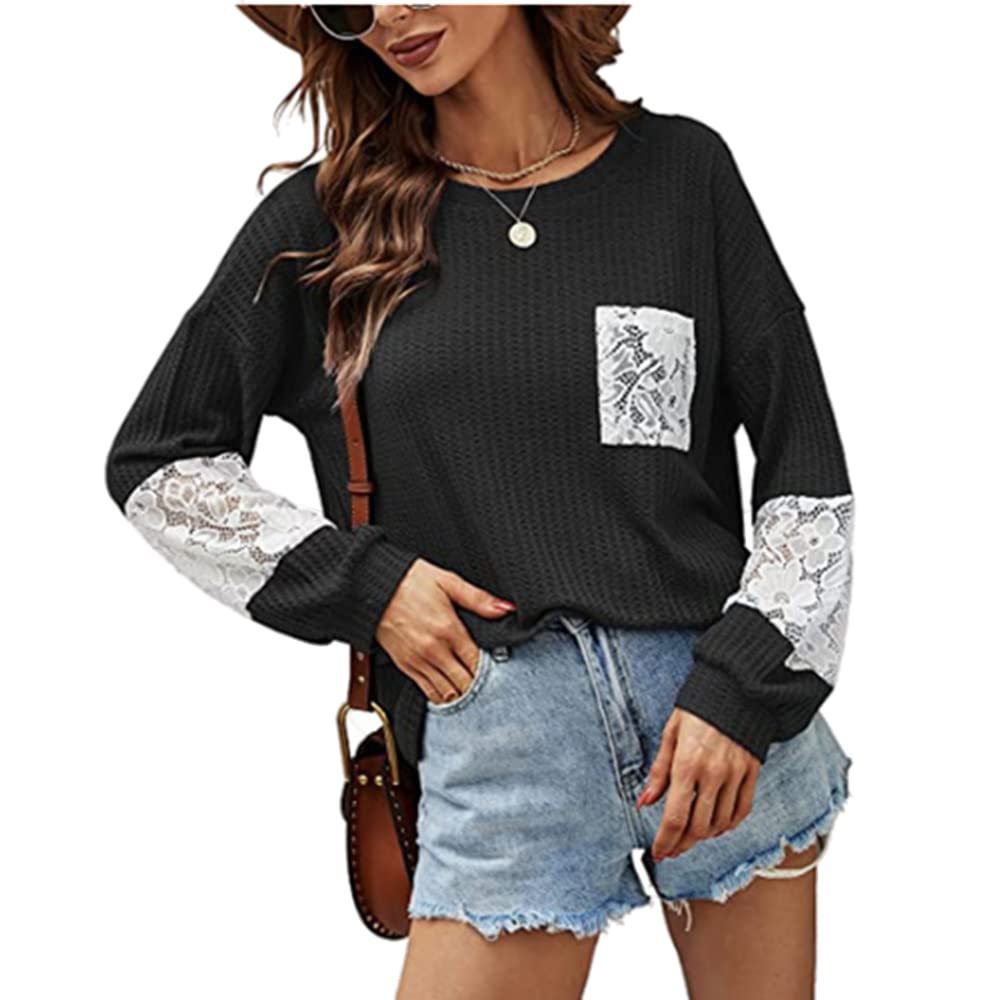 JJSUnS Women's Lace Patchwork Sweater - Long Batwing Sleeves Crewneck Pullover Knit Top | Casual Office Wear & Autumn Layering Fashion