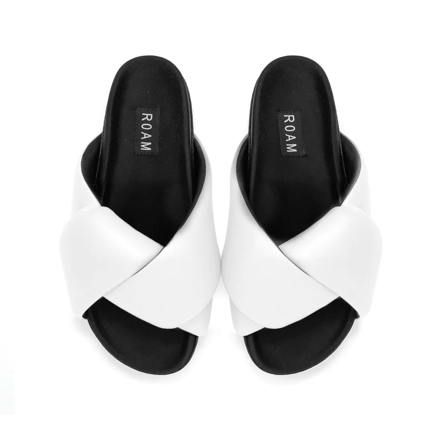 ROAM Women's Foldable Puffy Vegan Leather Sandals - White | Comfortable & Stylish Summer Shoes for Beach, Travel & Casual Outings
