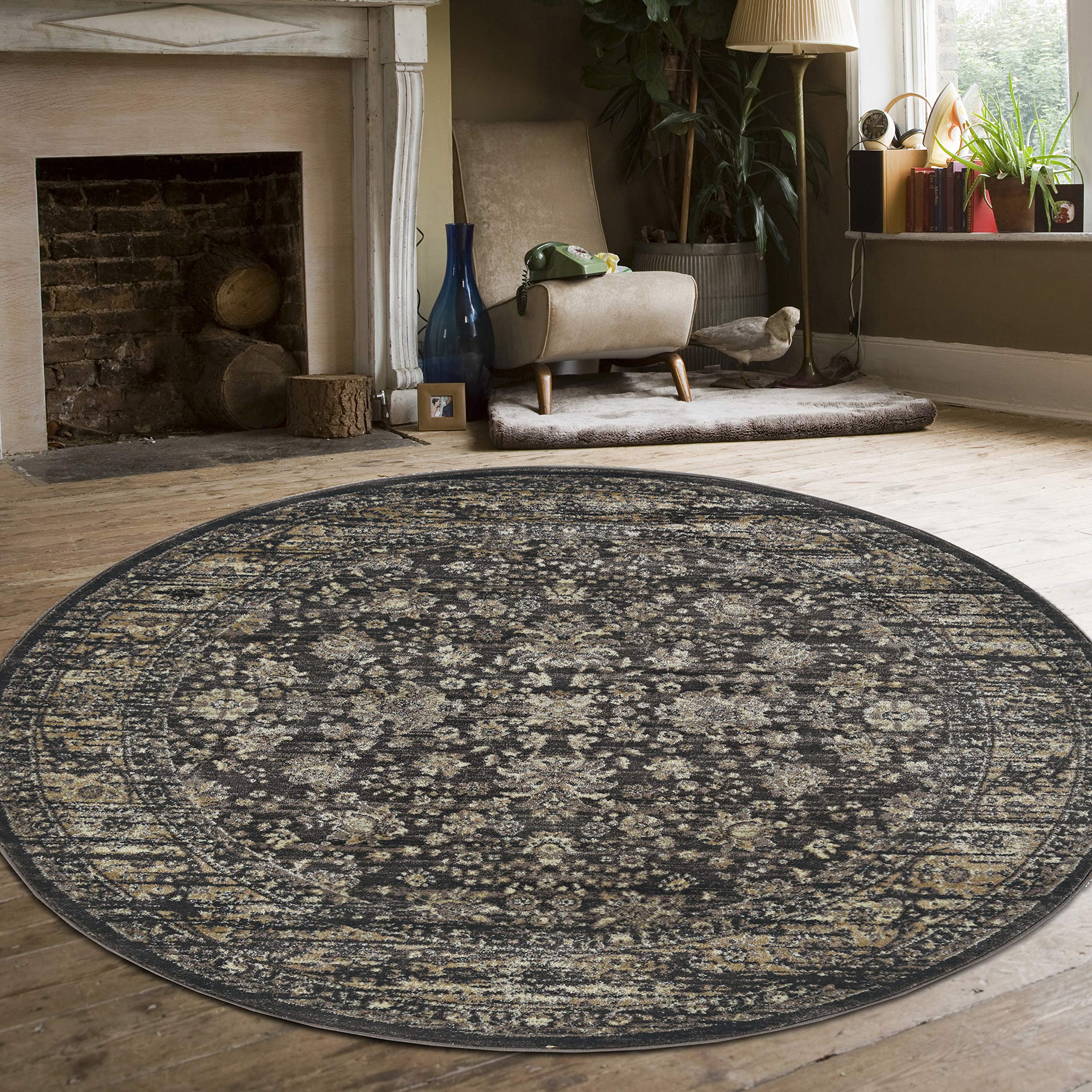 SERIATE 3 Handmade Round Area Rug 5 Feet Diameter - Soft Boho Chic Brown Carpet for Living Room, Bedroom, or Nursery Decor