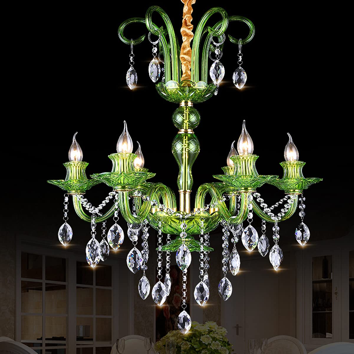Elegant Modern Crystal Chandelier - 6-Light Candle Candelabra Pendant Ceiling Fixture for Dining Room, Living Room, Bedroom - Green Glass Hanging Lights for Home Decor and Special Occasions