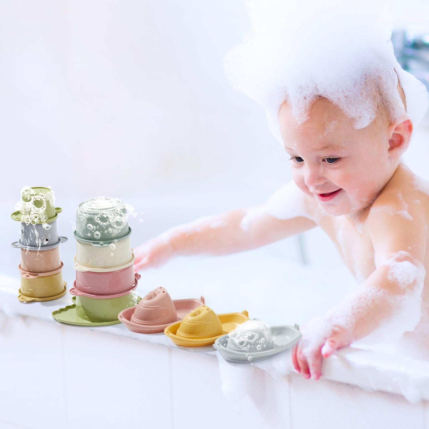 AMCHSURI 14 PCS Non-Toxic Bath Toys for Toddlers 1-3 Years - Stackable Boats & Cups, Mold-Free Bathtub Water Toys for Babies 6-12 Months - Early Learning Educational Gift for Sensory Play & Bathtime Fun