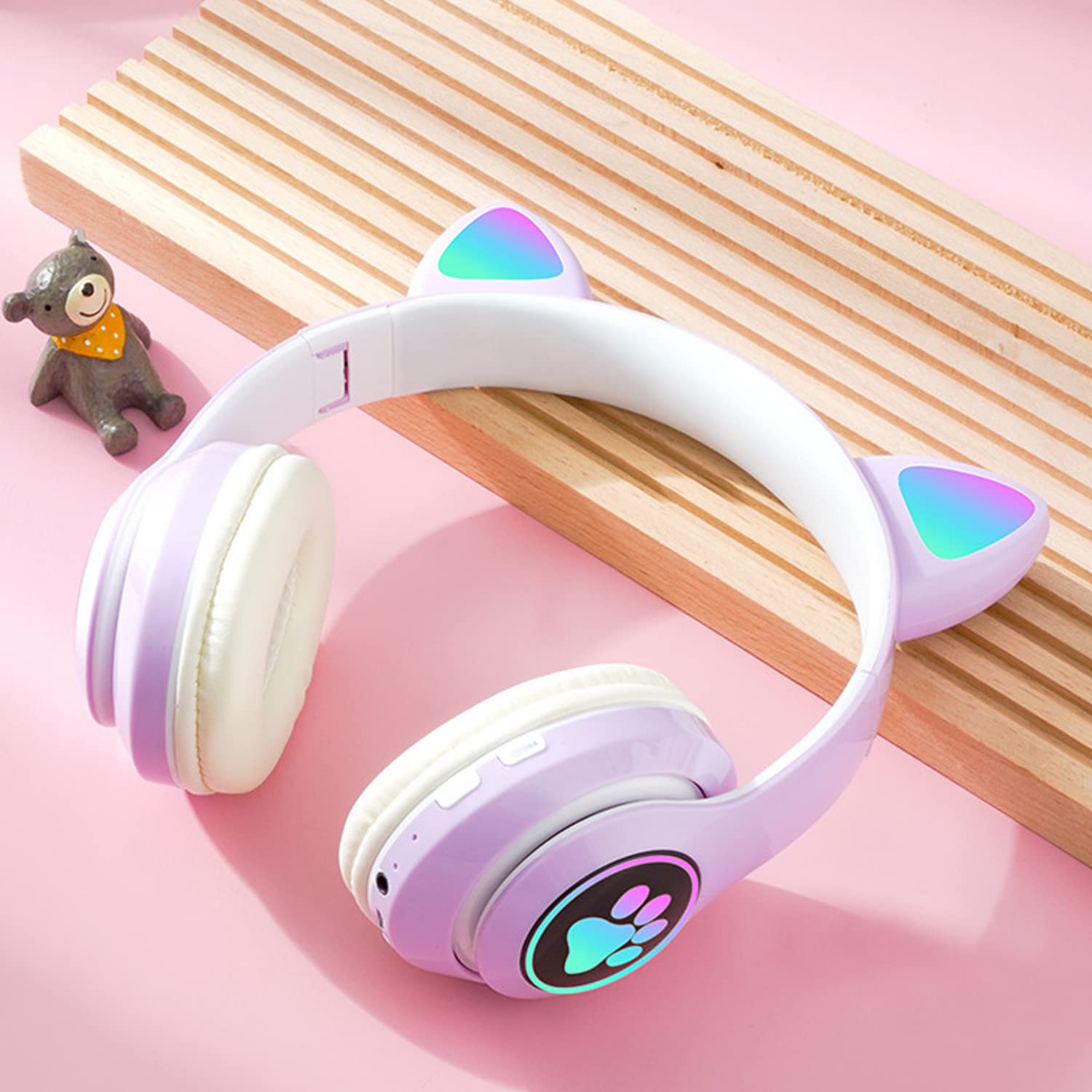 Kids Bluetooth Noise Cancelling Headphones with LED Light-Up Cat Ears, Foldable Wireless Headset with Microphone & TF Card Support - Perfect for iPad, Travel, School & Gaming