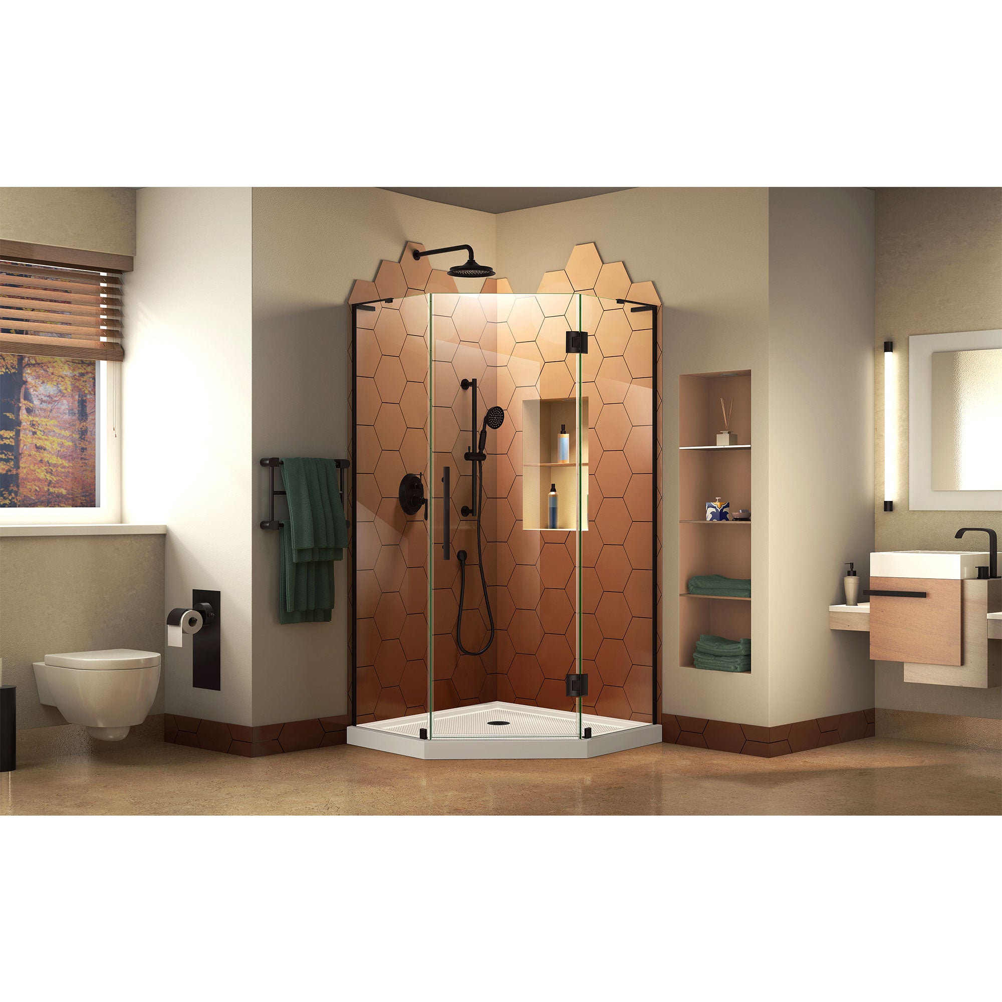 DreamLine Prism Plus 40x74.75 Inch Frameless Neo-Angle Shower Enclosure - Chrome Finish with Biscuit Base | Perfect for Modern Bathroom Renovations & Space-Saving Design