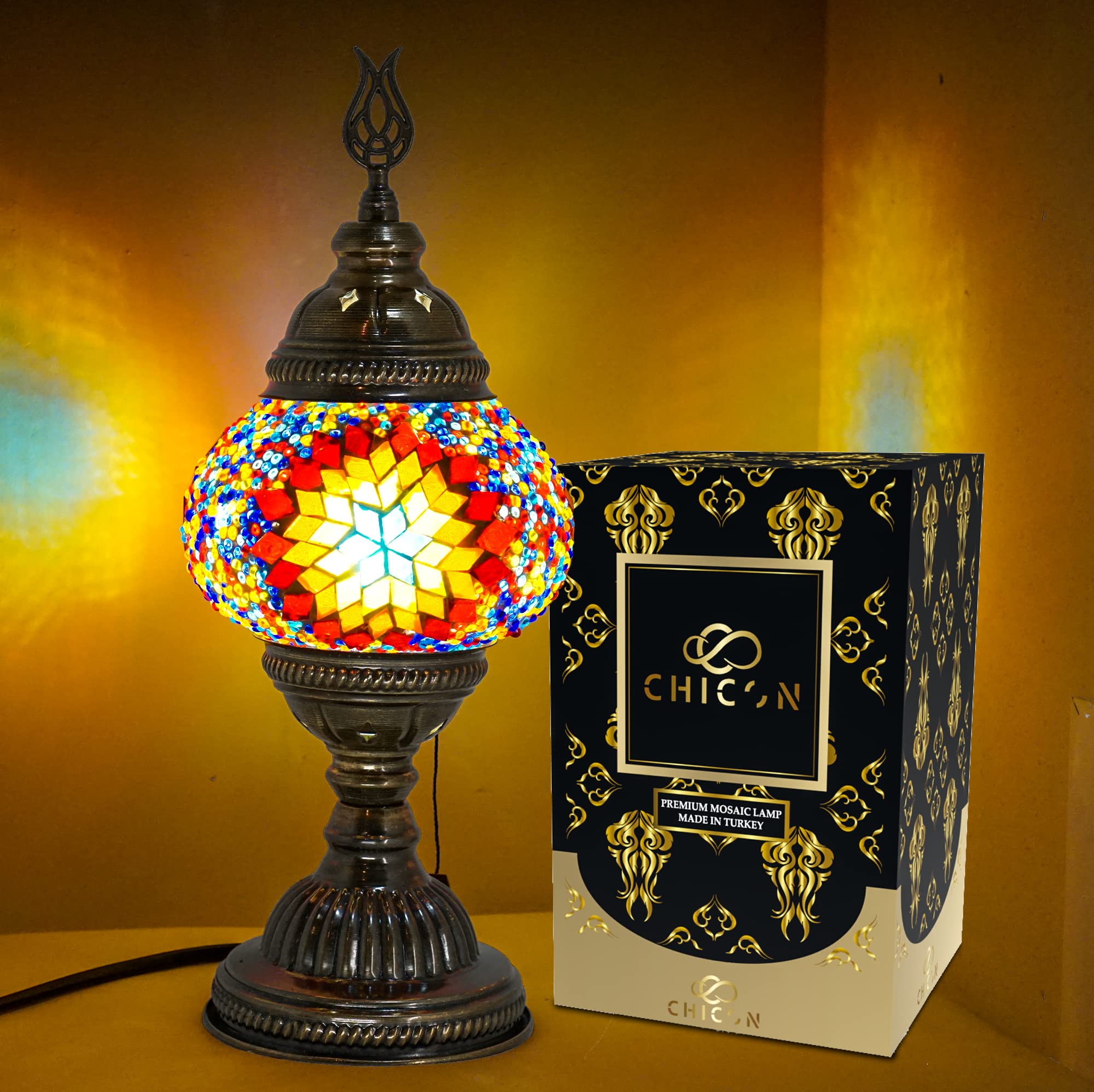 CHICON Handmade Mosaic Turkish Lamp - Genuine Glass Mosaic Tiffany Style Boho Table Lamp | Vintage Moroccan Antique Decor | Unique Art Piece for Living Room, Bedroom & Dining Room Lighting