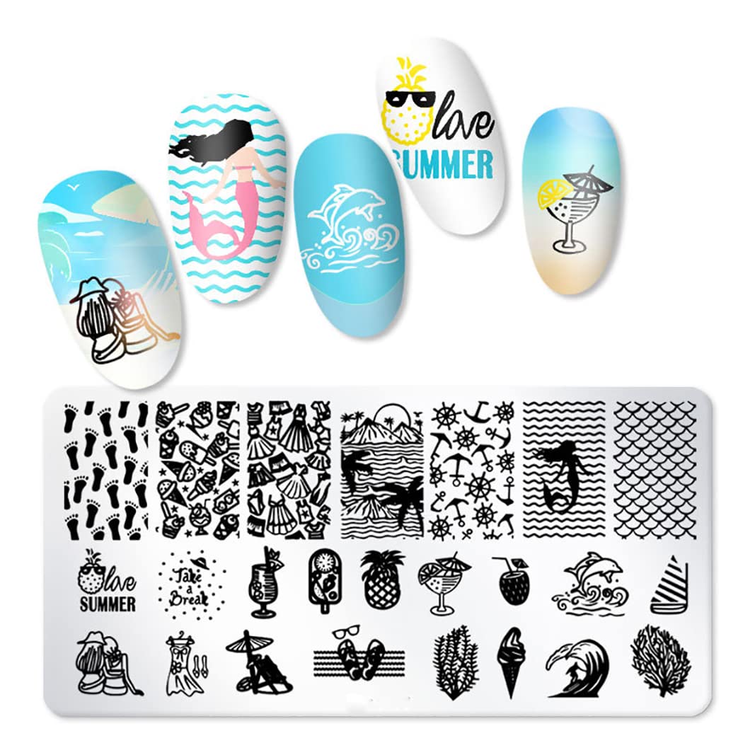 6-Piece Summer Beach Nail Stamping Kit with Seaside Scenery Designs - Coconut Trees, Sunset Waves, Sea Animals - DIY Nail Art Plates for Manicure & Pedicure - Perfect for Summer Vacations, Beach Parties & Nail Salon Use