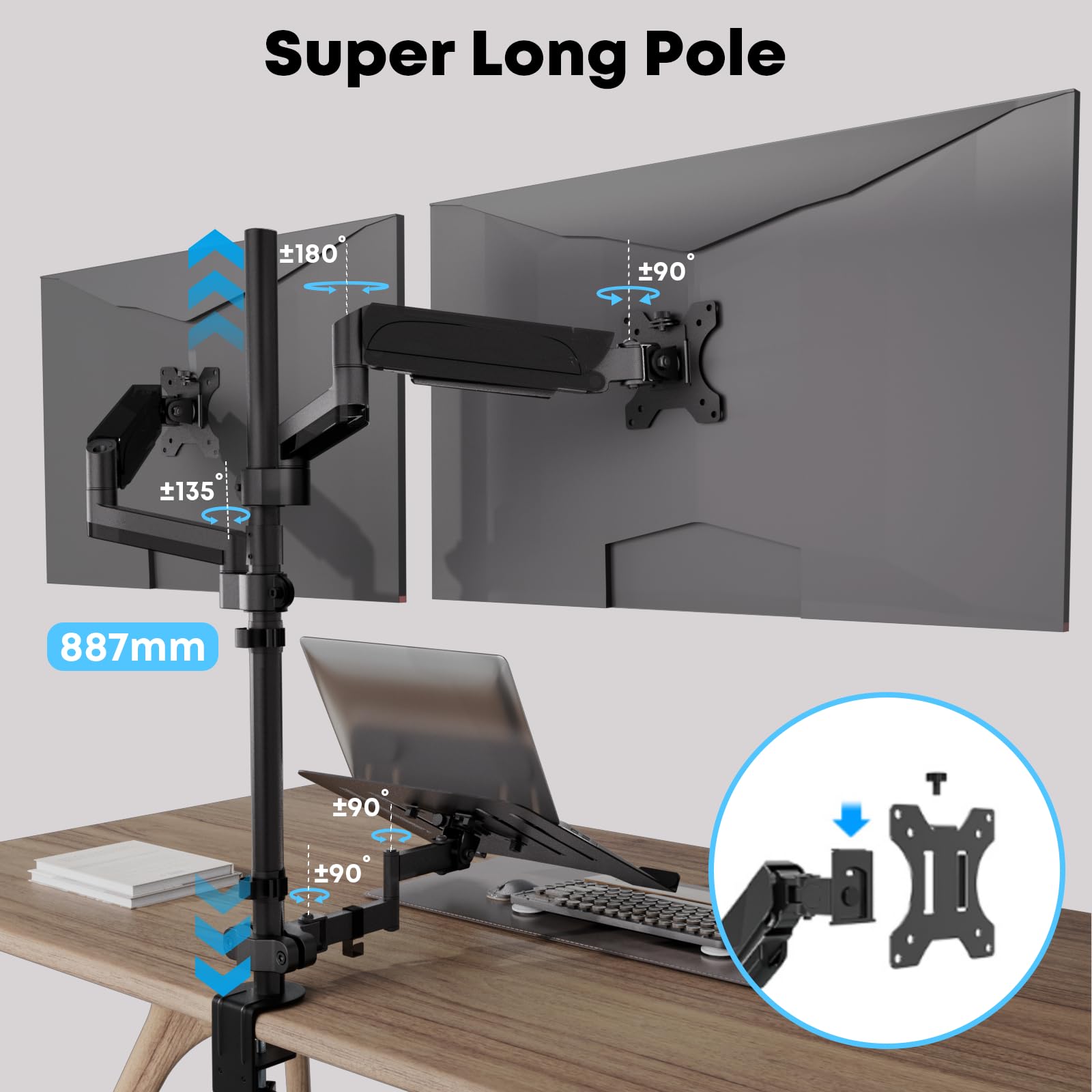 PUTORSEN Dual Monitor and Laptop Stand - Adjustable 3-in-1 Desk Mount for Two 17-32 Inch Screens & 17