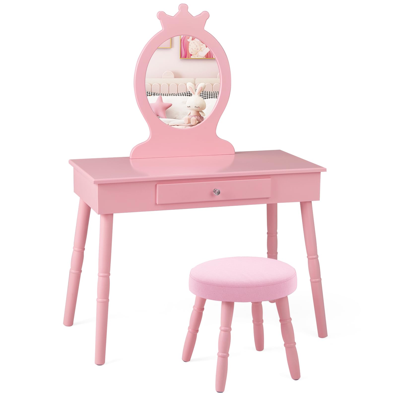 KOTEK Princess Vanity Set with Mirror & Stool - Crown Themed Kids Makeup Dressing Table with Drawers, Solid Wood Legs, Pretend Play Furniture for Little Girls (Pink) | Perfect for Birthday Gifts, Bedroom Decor & Role Play Activities