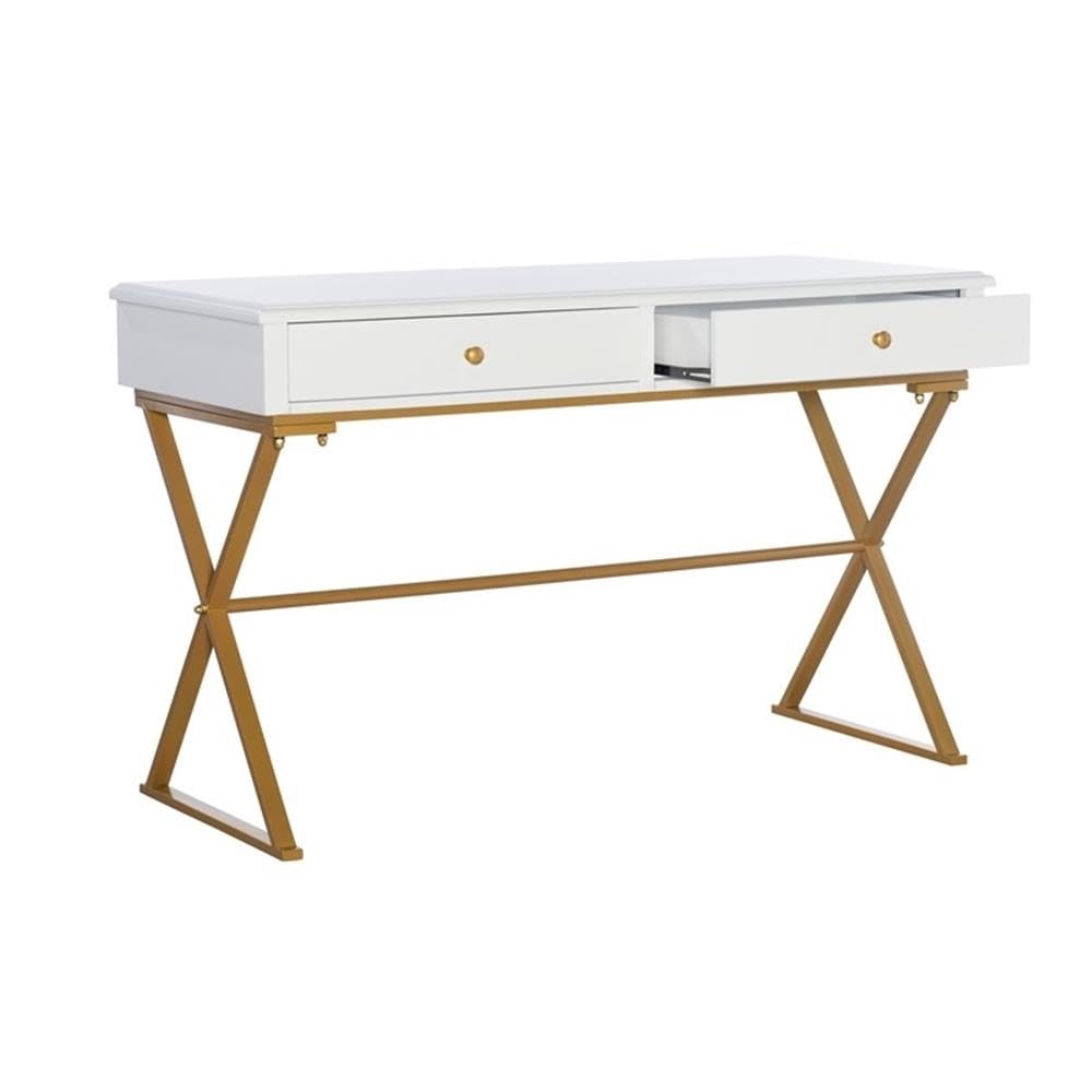 Modern 2-Drawer Wood and Metal Office Desk in White & Gold - Stylish Home Office Furniture for Small Spaces, Work from Home & Study Rooms