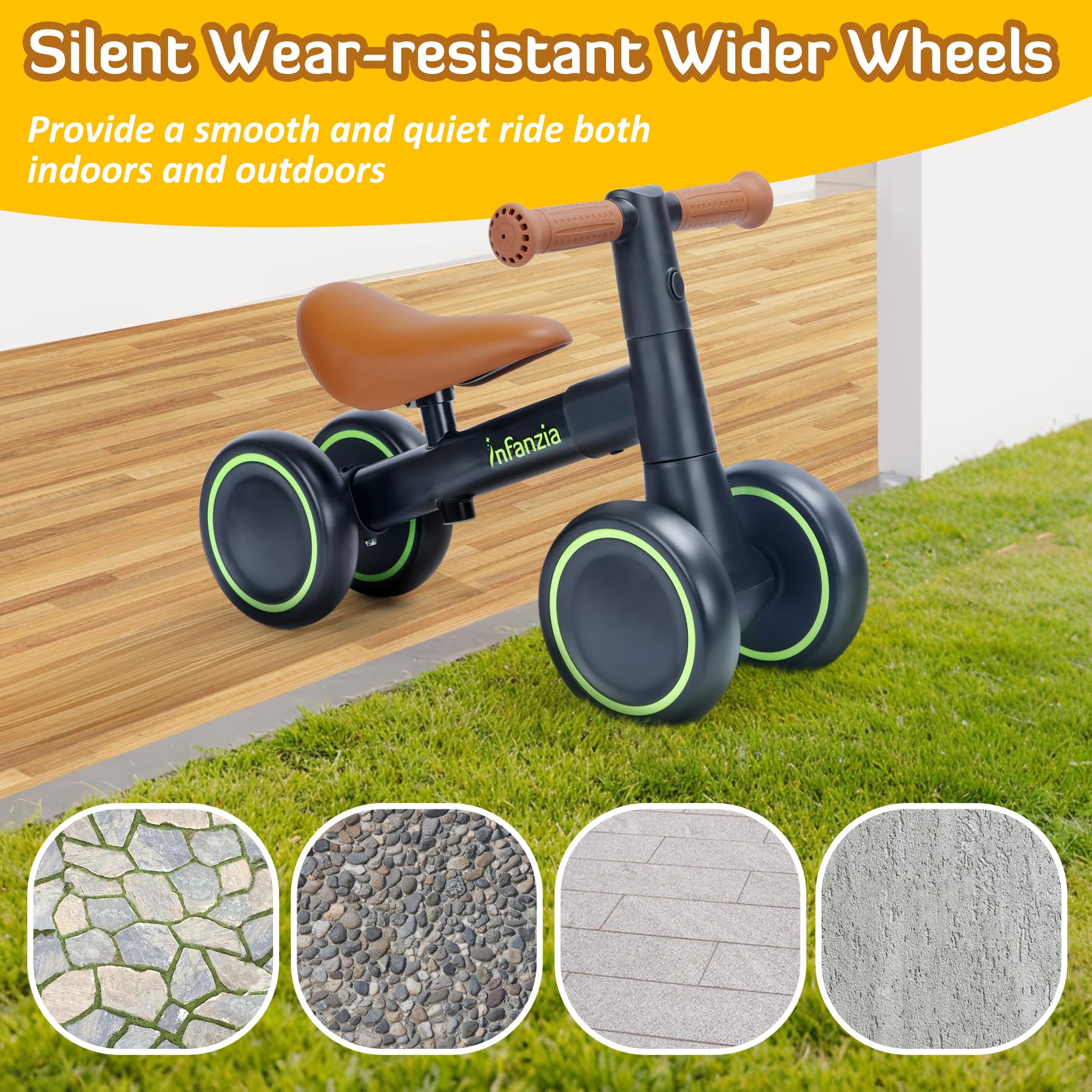 INFANZIA Adjustable Baby Balance Bike for 12-36 Months - No Pedal 4-Wheel Toddler Bike for Boys & Girls - First Birthday Gift & Learning Toy for 1-3 Year Olds - Perfect for Indoor Play & Outdoor Riding