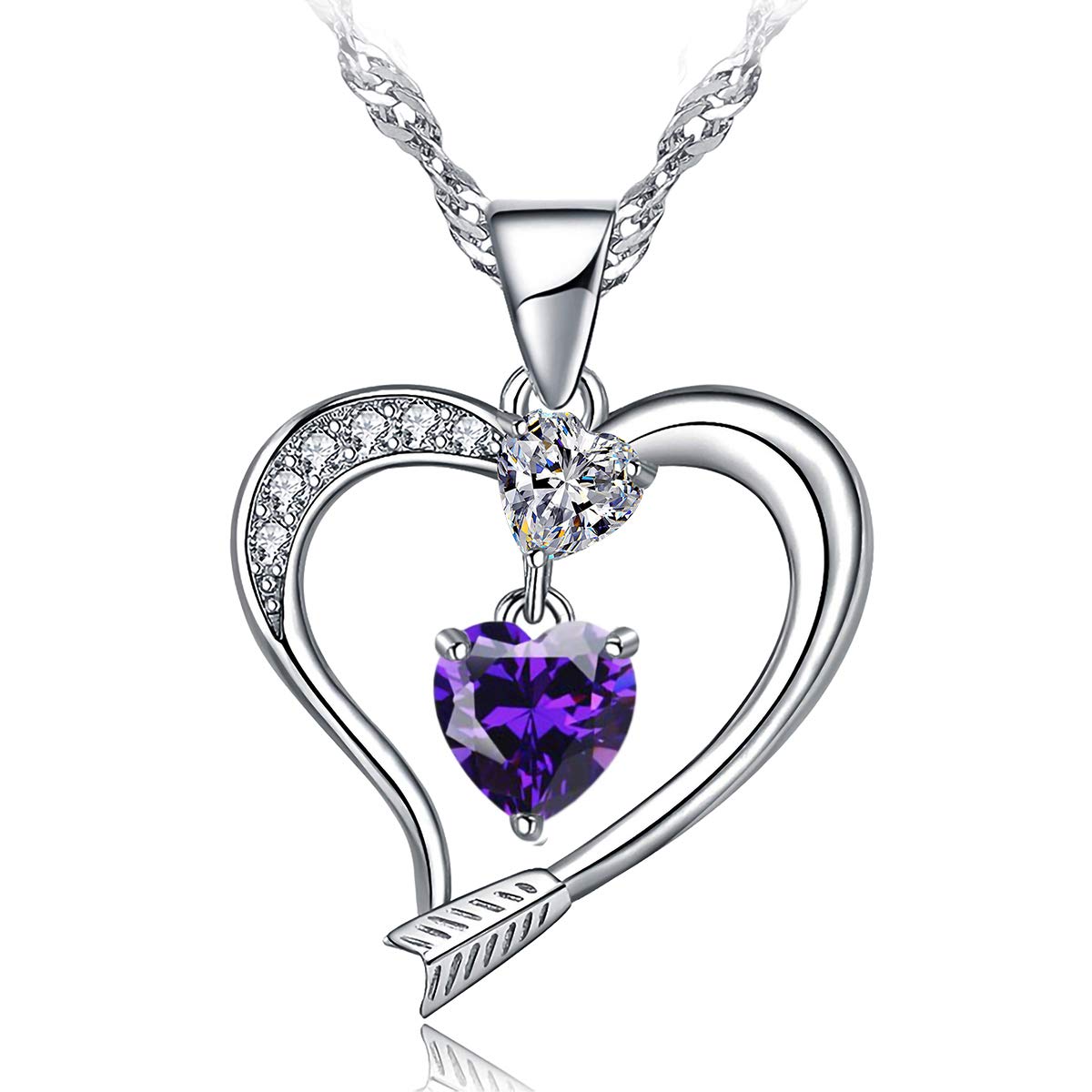 Emma Manor EM Love Heart Birthstone Necklace for Women - 14k White Gold Plated Heart Pendant with 5A Cubic Zirconia, Arrow Design - Perfect Gift for Anniversary, Valentine's Day & Mother's Day Jewelry