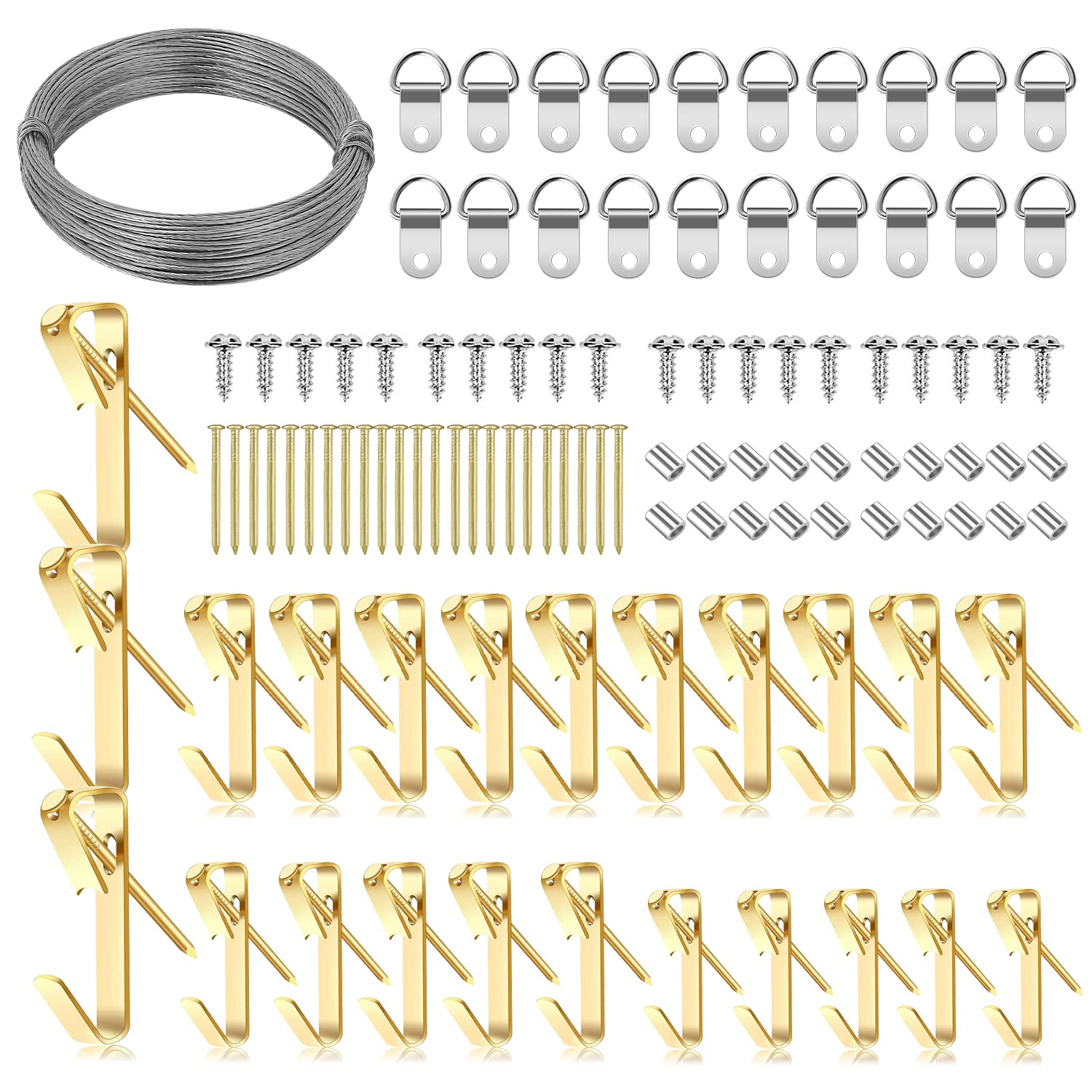 107-Piece Picture Hanging Kit with D-Ring Hangers, Screws, 33ft Wire & Aluminum Sleeves - Supports 30lbs for Wall Art, Photos & Framed Decor - Perfect for Home, Office & Gallery Displays