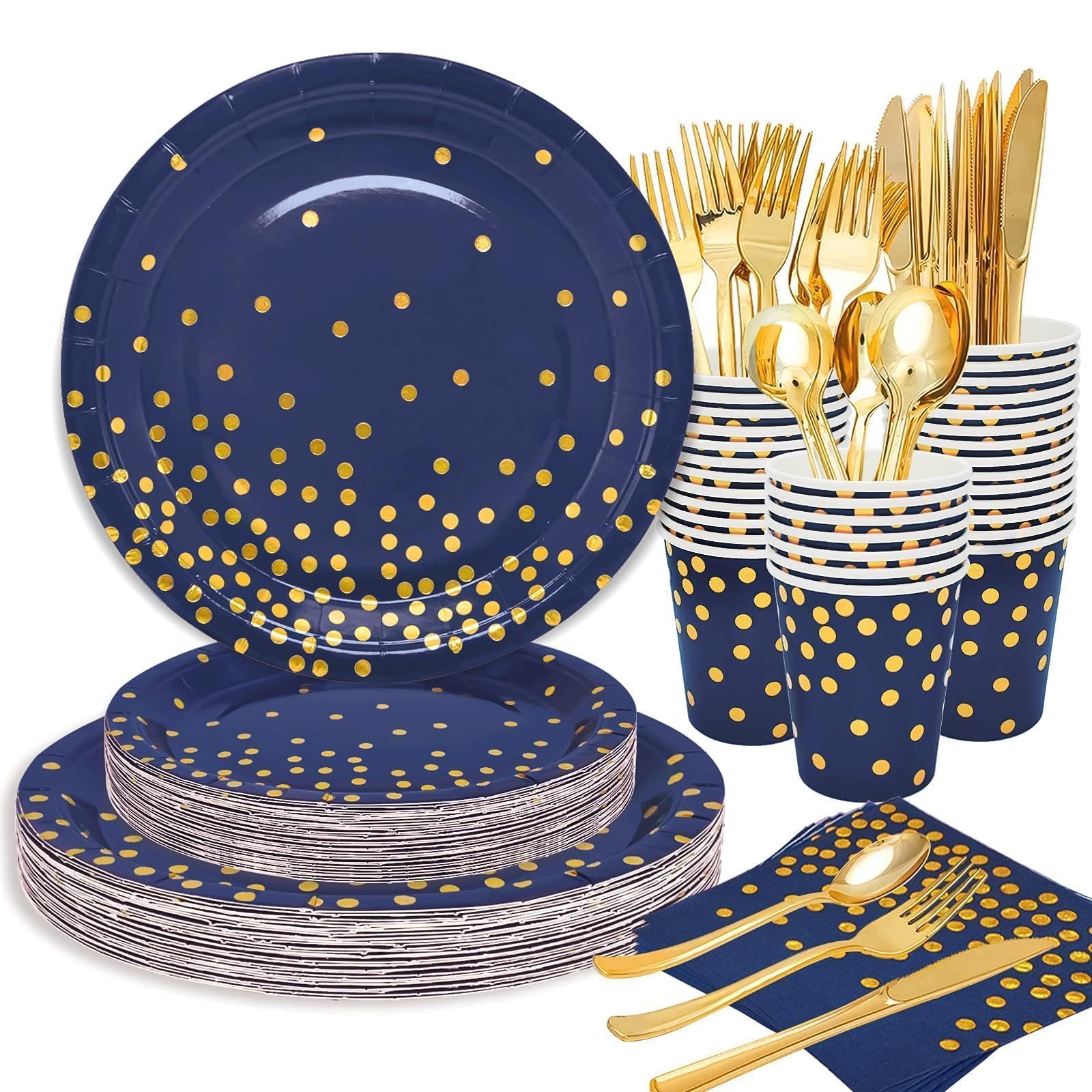 175PCS Royal Blue & Gold Party Plates and Napkins Set - Elegant Disposable Tableware for Birthday, Graduation, Baby Shower (Serves 25) - Perfect for 2025 Celebrations, Wedding Receptions & Formal Events