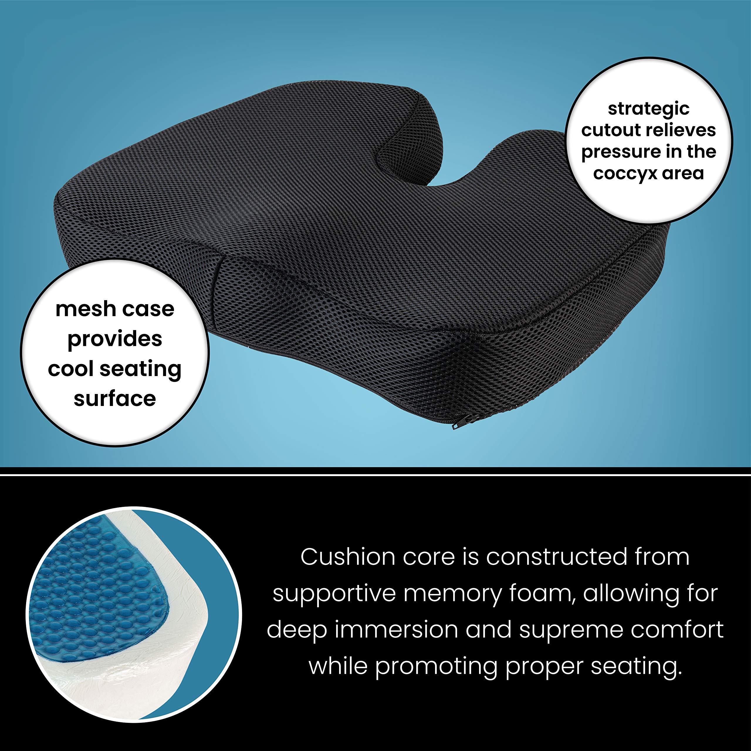 Premium Gel & Memory Foam Seat Cushion for Office Chair & Car - Coccyx Support & Pressure Relief - Black - Ideal for Long Sitting, Driving & Back Pain Relief