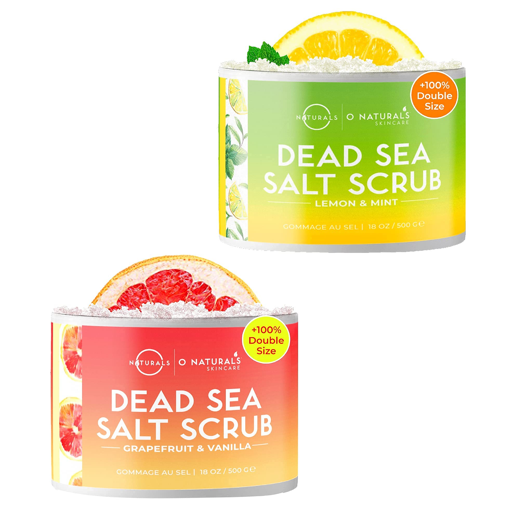 O Naturals Lemon Scrub & Grapefruit Exfoliating Dead Sea Salt Scrub Bundle - 18 Ounce Each - Organic Face & Body Scrub for Smooth Skin - Perfect for Spa Day & At-Home Skincare Routine