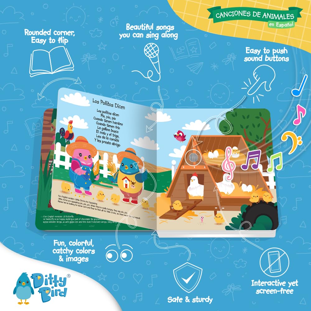 Ditty Bird Spanish Nursery Rhymes Sound Book - Bilingual English/Spanish Musical Books for Toddlers & Babies | Interactive Animal & Bedtime Songs | Early Learning & Language Development | Perfect for Storytime, Gifts & Spanish Immersion (Libro en Español para Bebés)