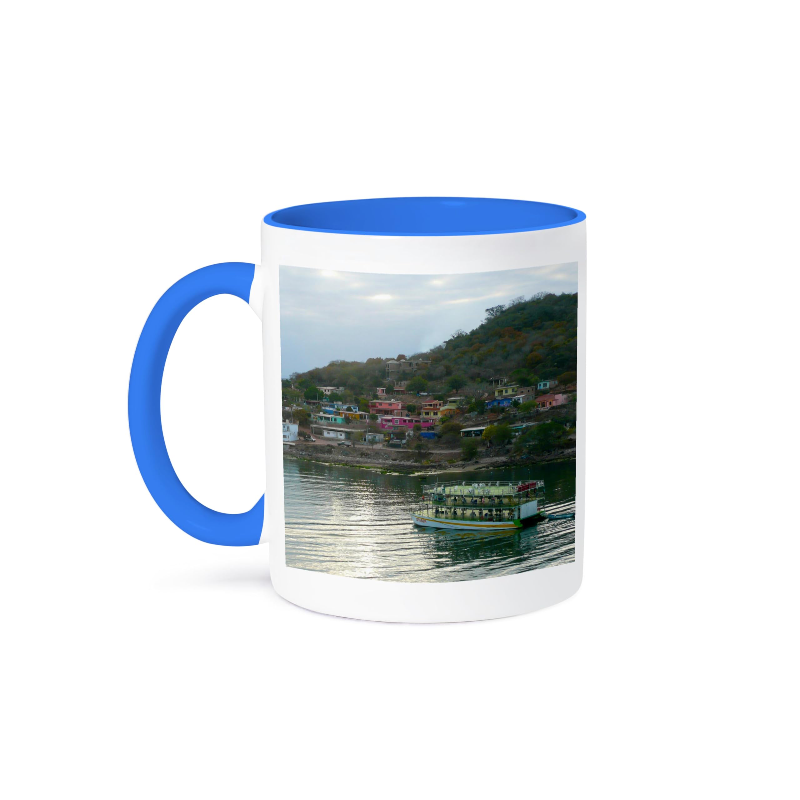 3dRose Two-Tone Blue Mug 11 oz - Colorful Houses Near Mazatlán Mexico Design - Ceramic Coffee Cup for Home & Office Use