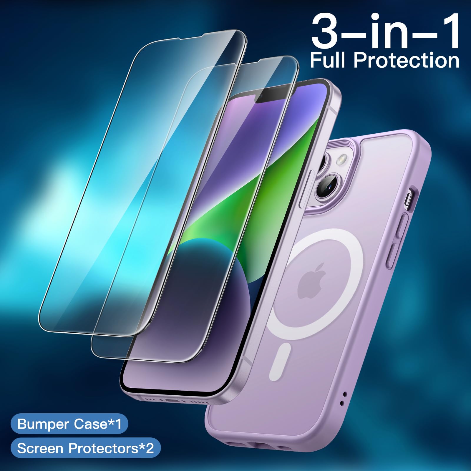 JETech 3 in 1 Magnetic Case for iPhone 14 6.1-Inch | 2-Pack Tempered Glass Screen Protector | MagSafe Compatible | Translucent Matte Back Shockproof Phone Cover (Light Purple) | Perfect for Work, Travel & Everyday Protection
