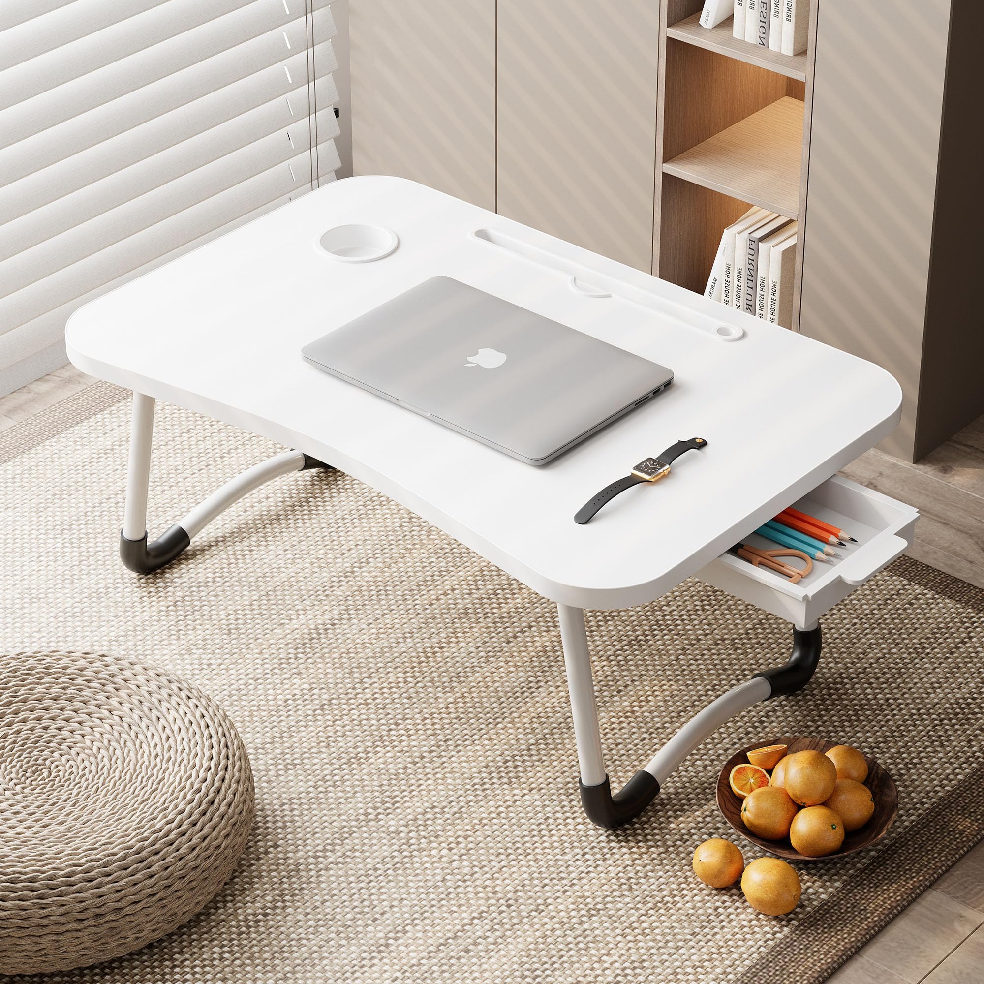 EAQ Foldable Laptop Bed Tray Table with Cup Holder, Storage Drawer & Bookshelf - Portable Work Desk for Laptop, Reading & Writing on Bed, Couch or Sofa - Perfect for Home Office, Study & Relaxation (White)