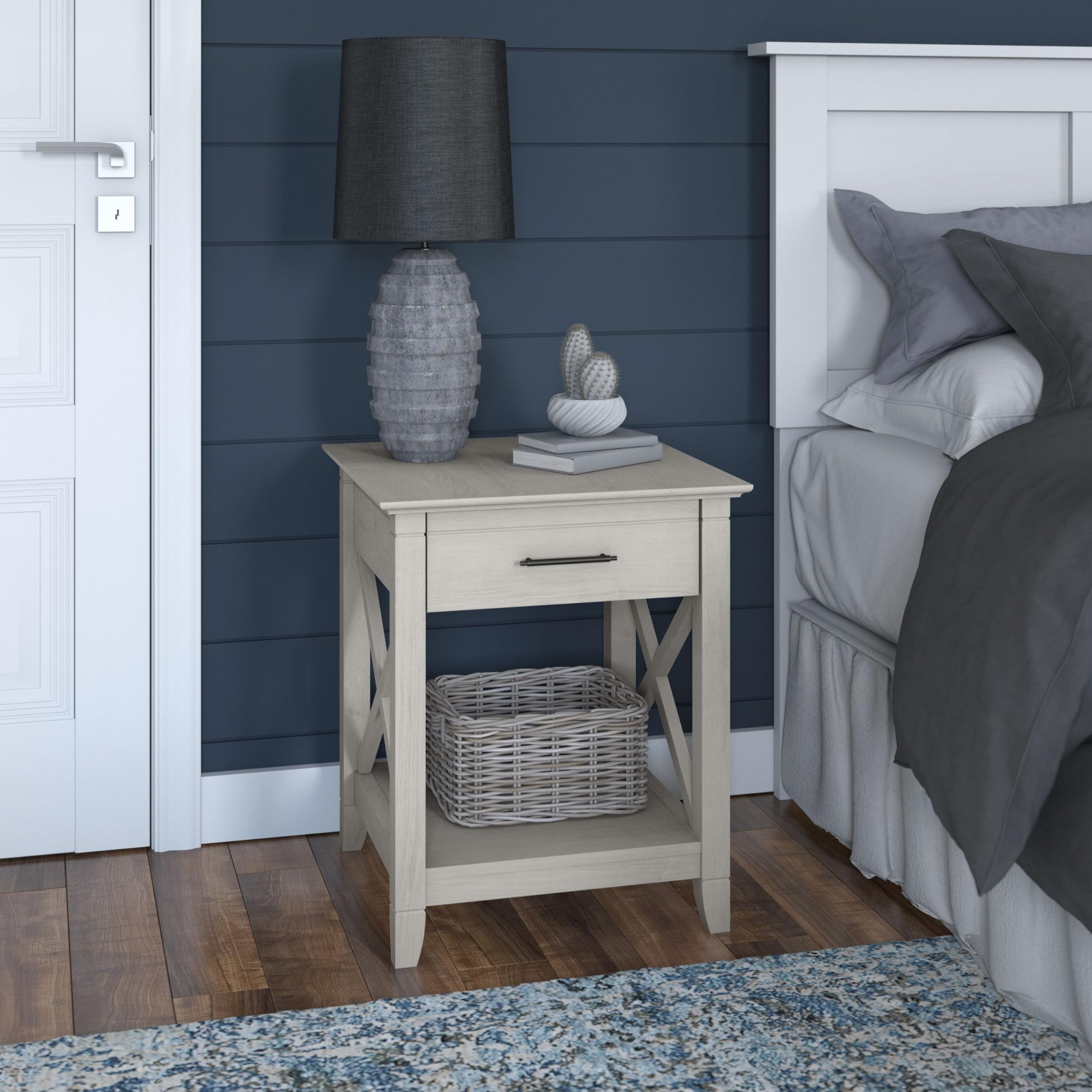 Bush Furniture Key West Nightstand with Drawer - Solid White Oak Wood Bedside Table for Bedroom, Living Room & Guest Room - Modern Night Stand with Storage Shelf
