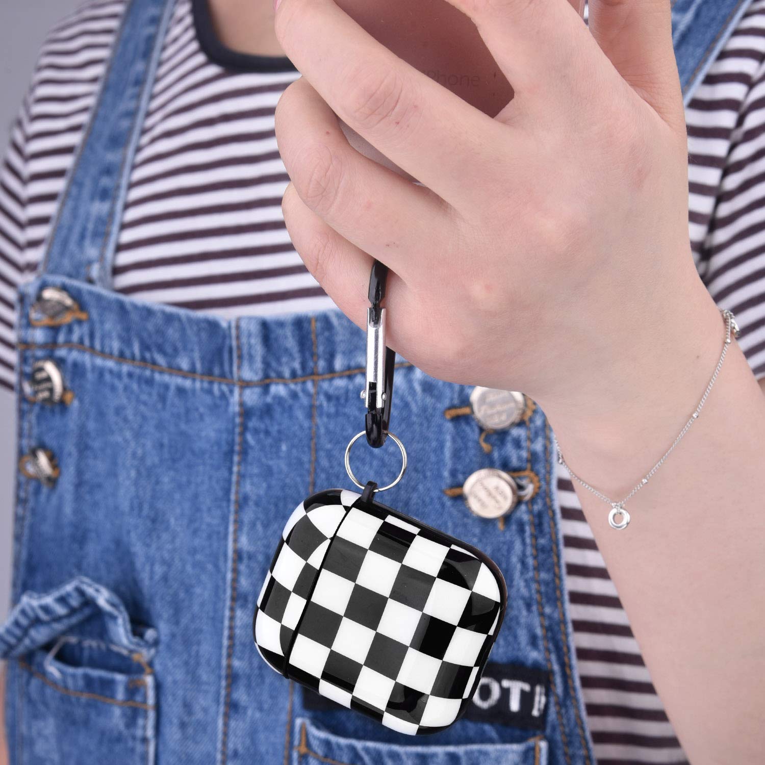 Cute Marble Protective Case Cover with Keychain for Apple AirPods 1/2/Pro - Compatible with Wireless Charging, Stylish Durable Skin for Men & Women (Black White Checkers) - Perfect for Travel, Gym & Daily Use