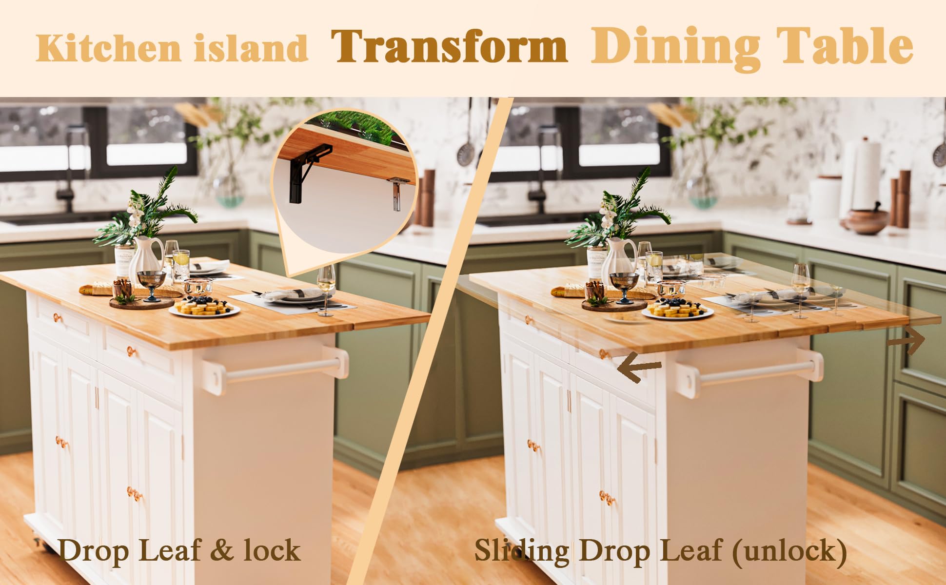White Rolling Kitchen Island with Drop Leaf - Mobile Kitchen Cart with Storage, Towel Rack & Drawers - Perfect for Small Kitchens, Dining Rooms & Food Prep Areas