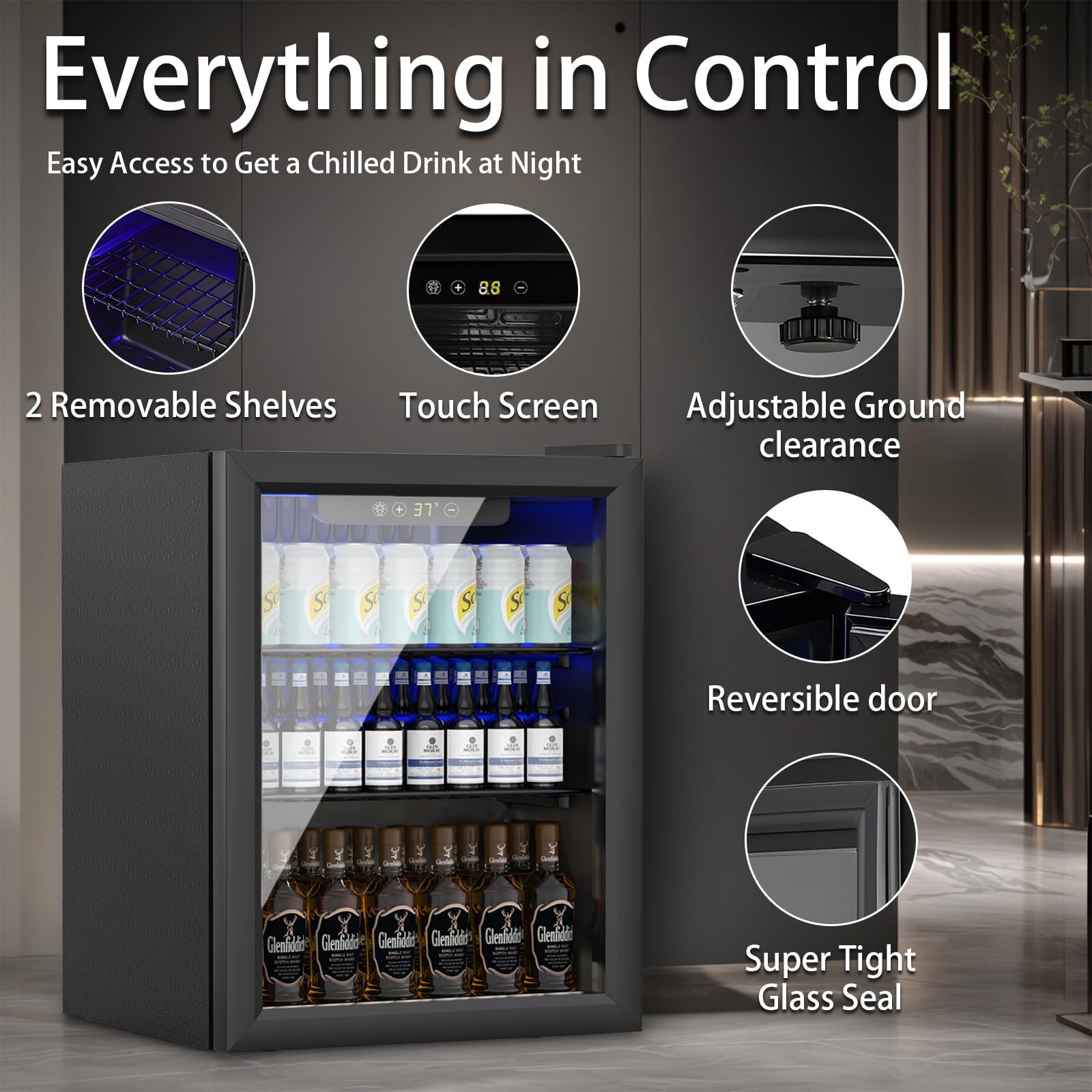 1.7 Cu.ft Beverage Refrigerator Cooler - 72 Can Mini Fridge with Glass Door & Adjustable Temperature Control for Soda, Beer, Wine - Perfect for Office, Bar, Home or Party Use with Removable Shelves