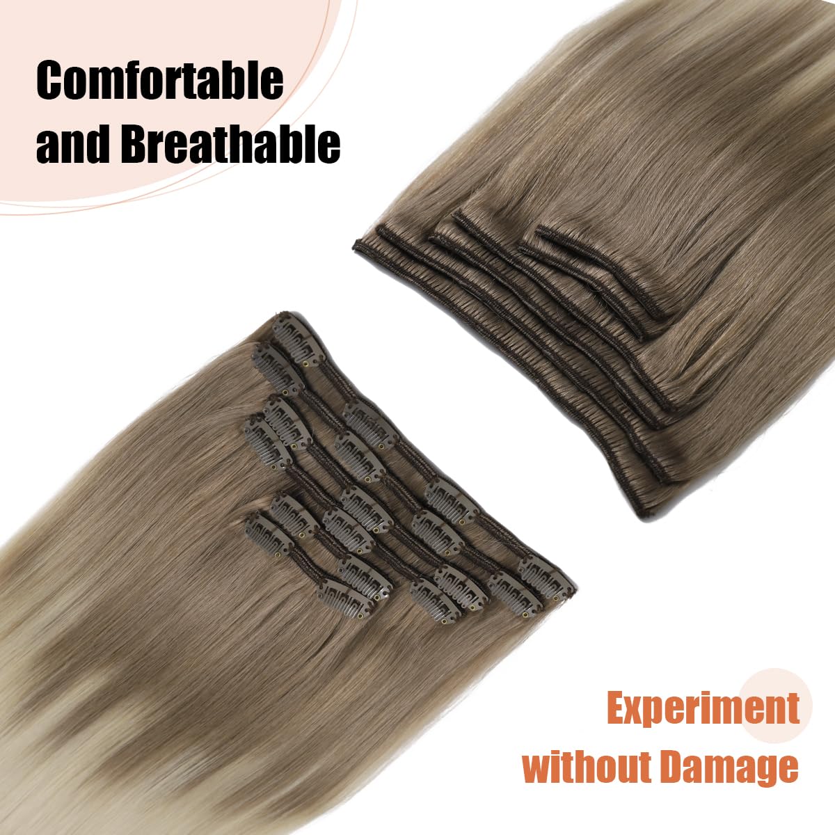 XD Clip in Hair Extensions 20 Inch Human Hair 120g - Balayage Ombre Ash Brown to Platinum Blonde Double Weft Hair Extensions Set of 6pcs (#8T60) for Volume & Length - Perfect for Parties, Weddings & Everyday Styling