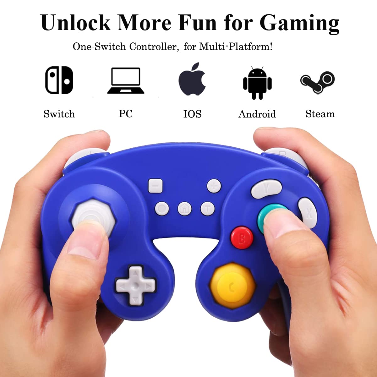 EXLENE Wireless Gamecube Controller for Nintendo Switch/Lite/PC/Android/iOS/Steam - Pro Controller with Wake Up, Motion Control, Adjustable Vibration, Turbo & Auto Turbo (Upgraded Blue) - Perfect for Gaming, Streaming & Multiplayer Sessions