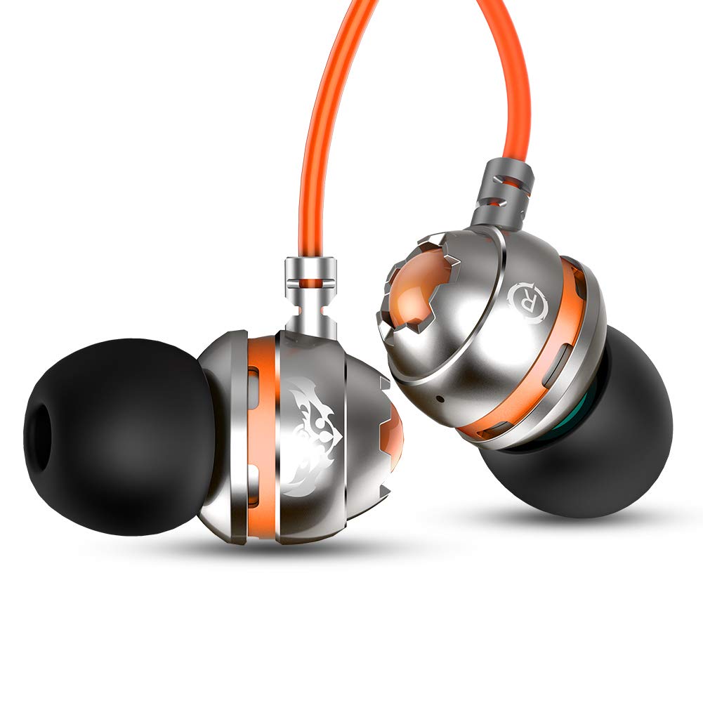 TIMMKOO Wired Earbuds with Dual Drivers & Mic | Bass Boost Earphones | Noise Isolating for iPhone, Android, Smartphones, Tablets & Laptops (Orange) | Perfect for Commuting, Workouts & Gaming