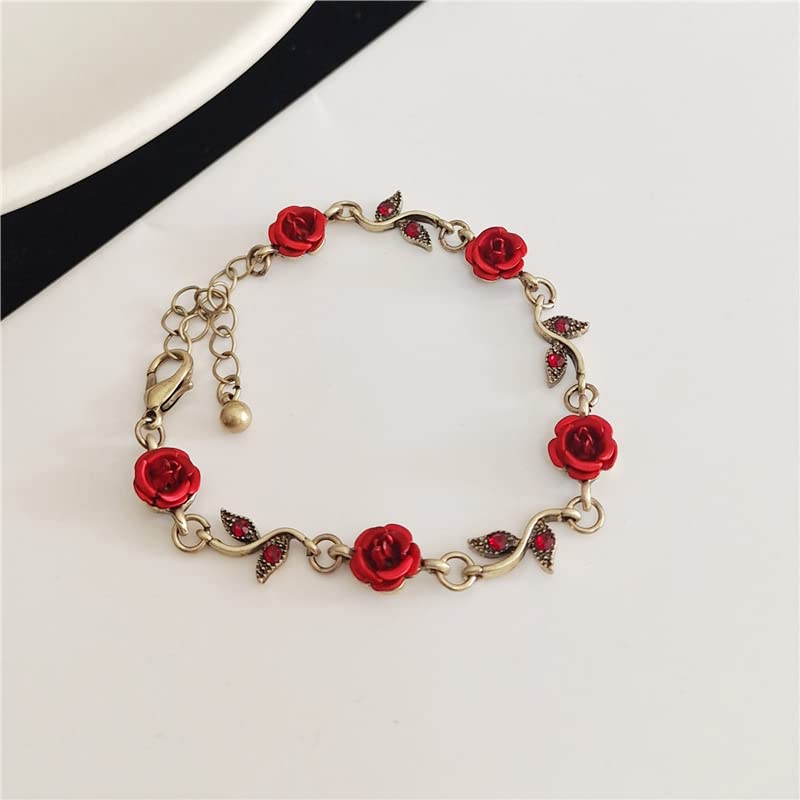 3Pcs Rose Red Jewelry Set for Women - Elegant Red Flower Necklace, Dangle Earrings & Bracelet - Perfect Bridal Jewelry Gift for Weddings, Proms & Special Occasions
