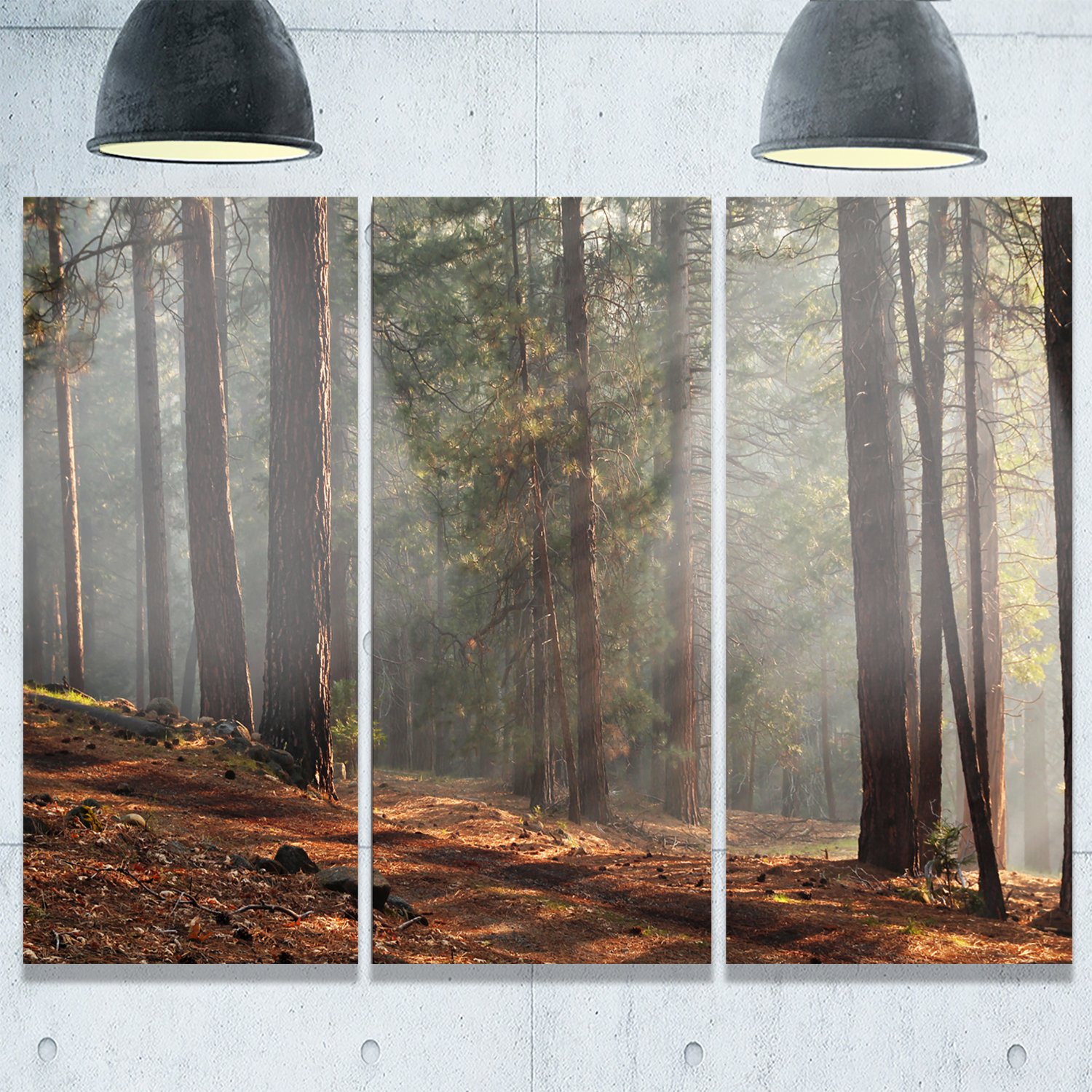 Designart MT9815-3P Sunlight Through Forest Landscape Metal Wall Art - 3 Panel Set, Brown, 36x28 Inches - Perfect for Living Room, Bedroom & Office Decor