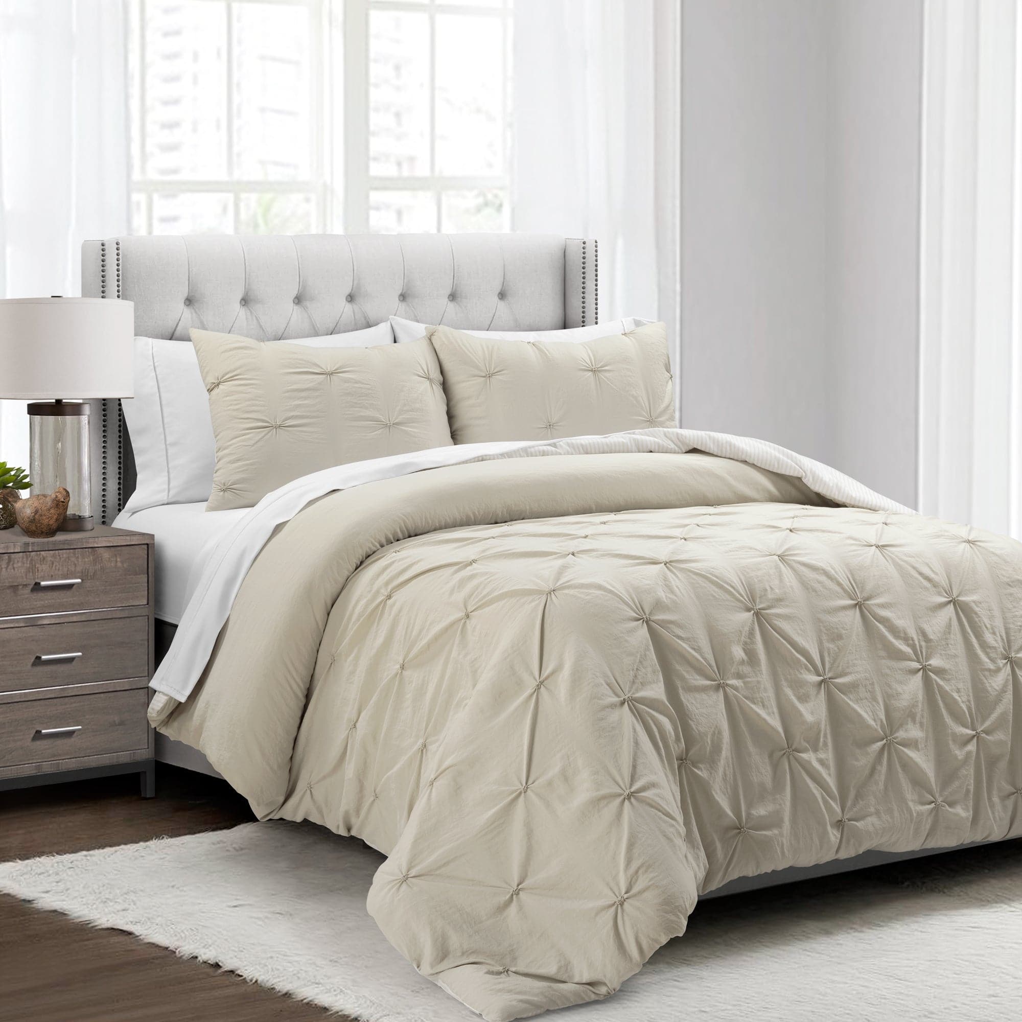 Ravello Pintuck Reversible Comforter Bed in a Bag Set - Queen Size Luxury Bedding for Master Bedroom & Guest Room | Complete Comforter, Sheet Set & Pillow Shams