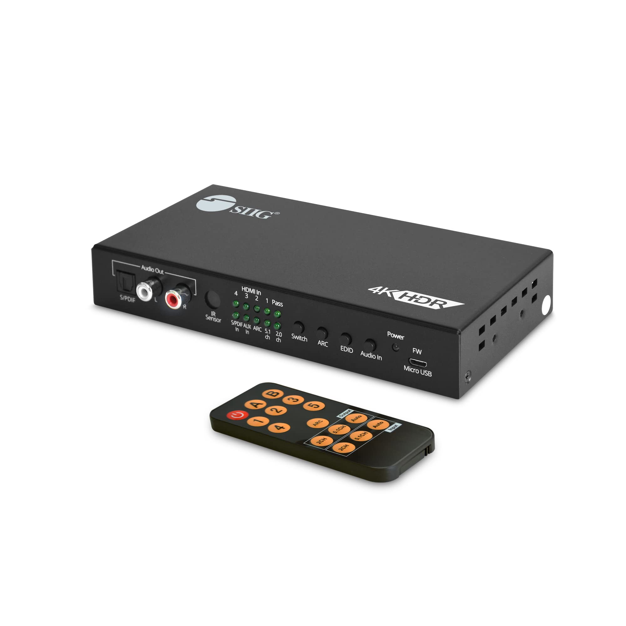 SIIG 4x1 HDMI 2.0 Switch with ARC & Audio Extractor - 4K 60Hz HDR 10, HDCP 2.2, IR Remote - Supports Analog Audio 2.0 & SPDIF 5.1 for PS5, Xbox Series X, Apple TV 4K - Perfect for Home Theater & Gaming Setup (CE-H26211-S1)