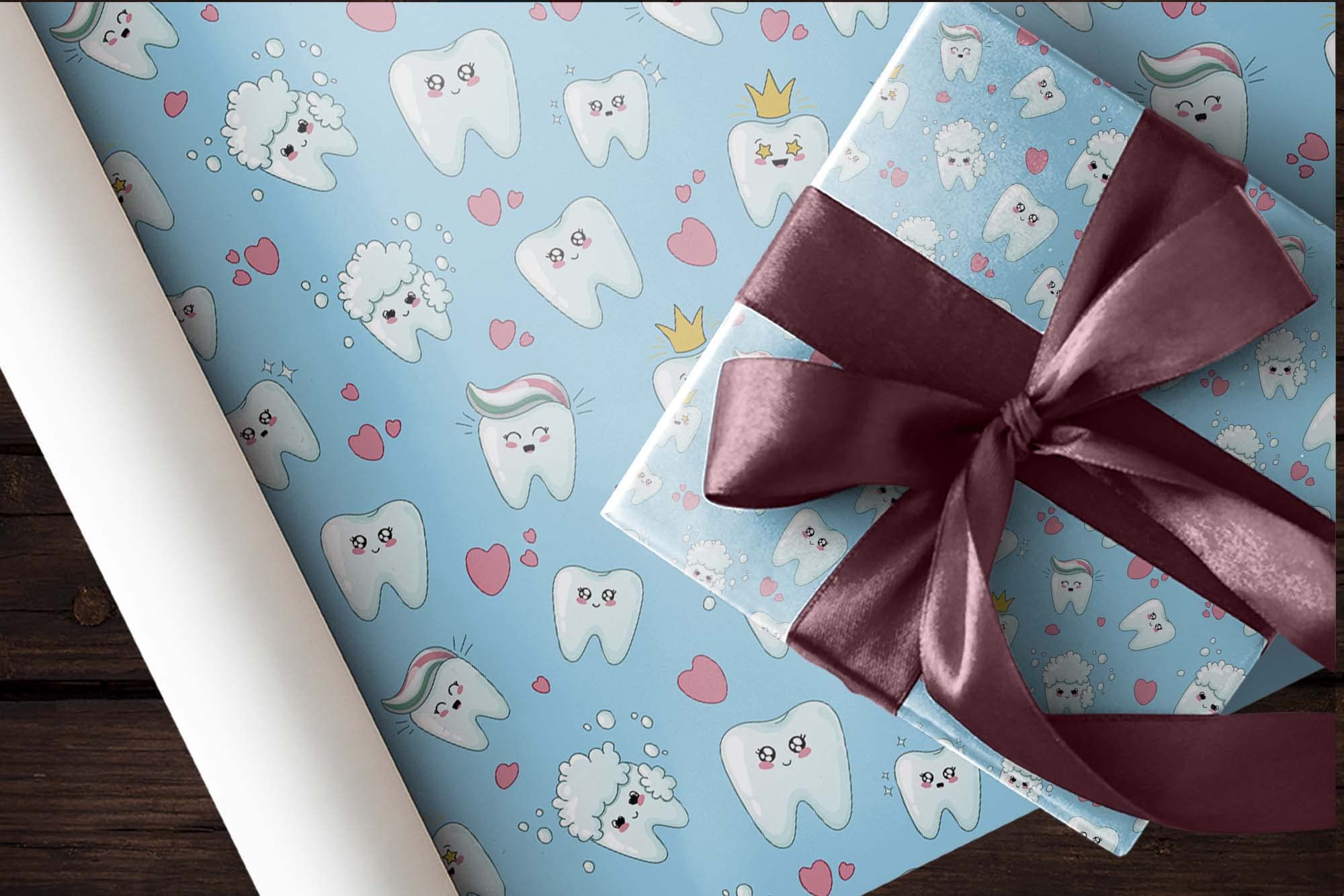 Kawaii Cute Teeth Design Blue Wrapping Paper - 20x30 Inch Single Sheet for Dentist Gifts, Dental Themed Parties & Tooth Fairy Surprises