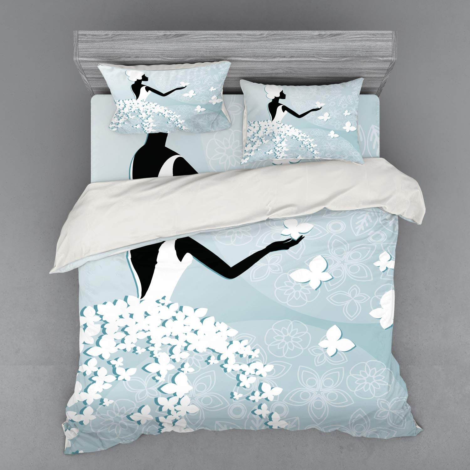 Ambesonne Bridal Shower Duvet Cover Set - King Size 4-Piece Bedding with Shams & Fitted Sheet | Bride in Butterfly Dress Floral Print | Pale Blue & White Wedding Decor | Perfect for Bridal Showers, Honeymoon Suites & Guest Room Decor